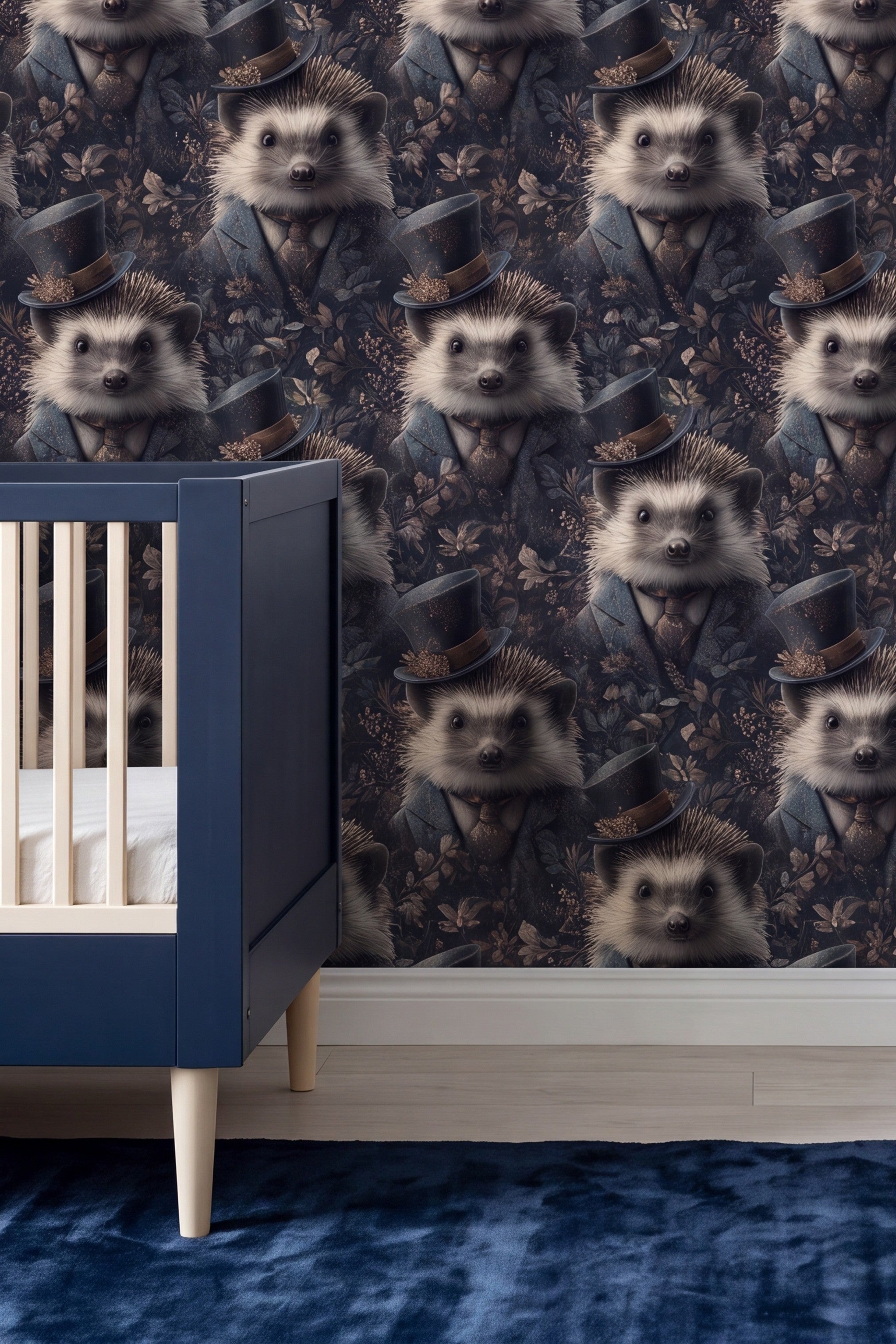 Hedgehog in a flowered top hat wallpaper in a kids room.