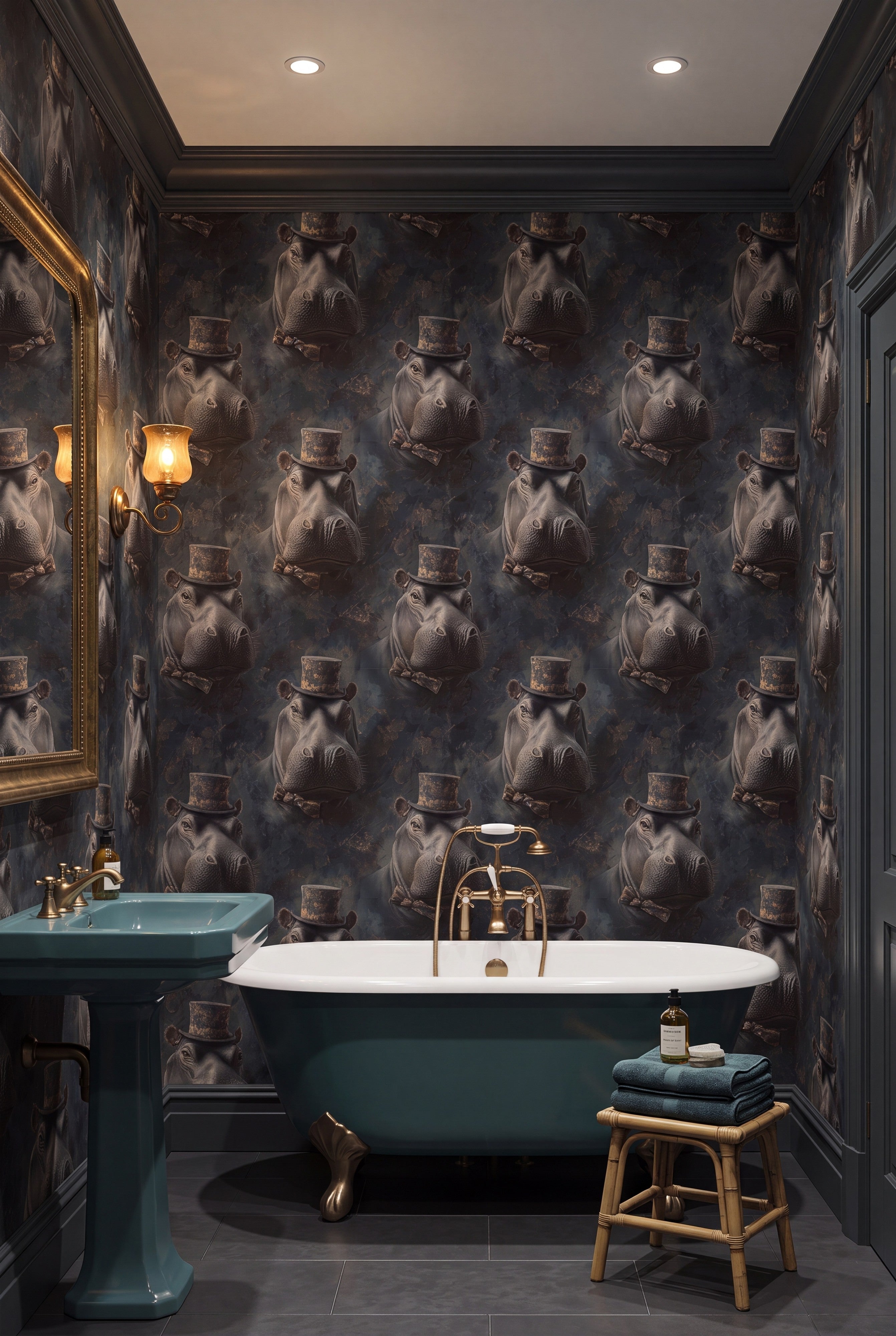 Gray hippo in a gold top hat wallpaper in a bathroom.