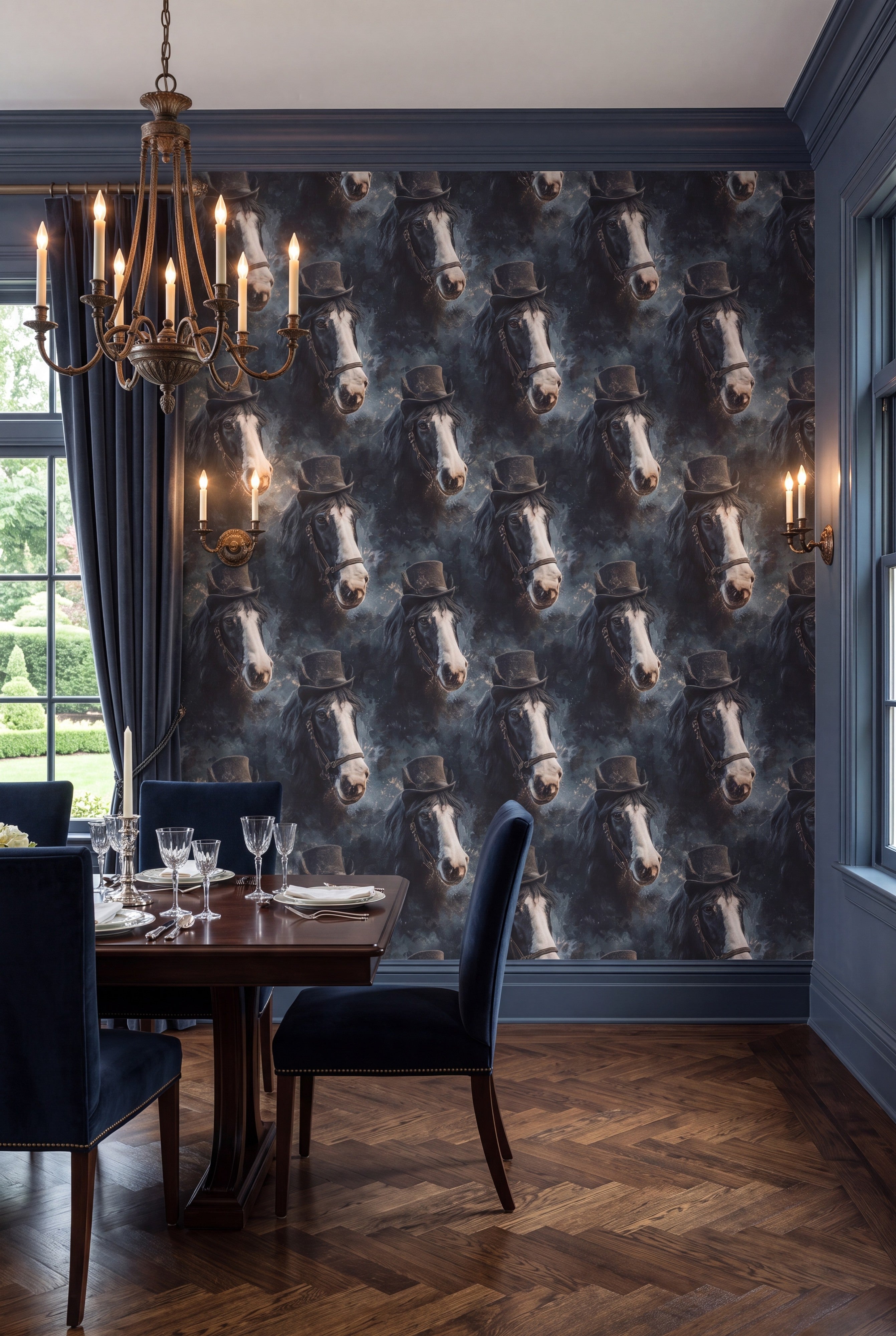 Black and blue gray horse wallpaper in a dining room.