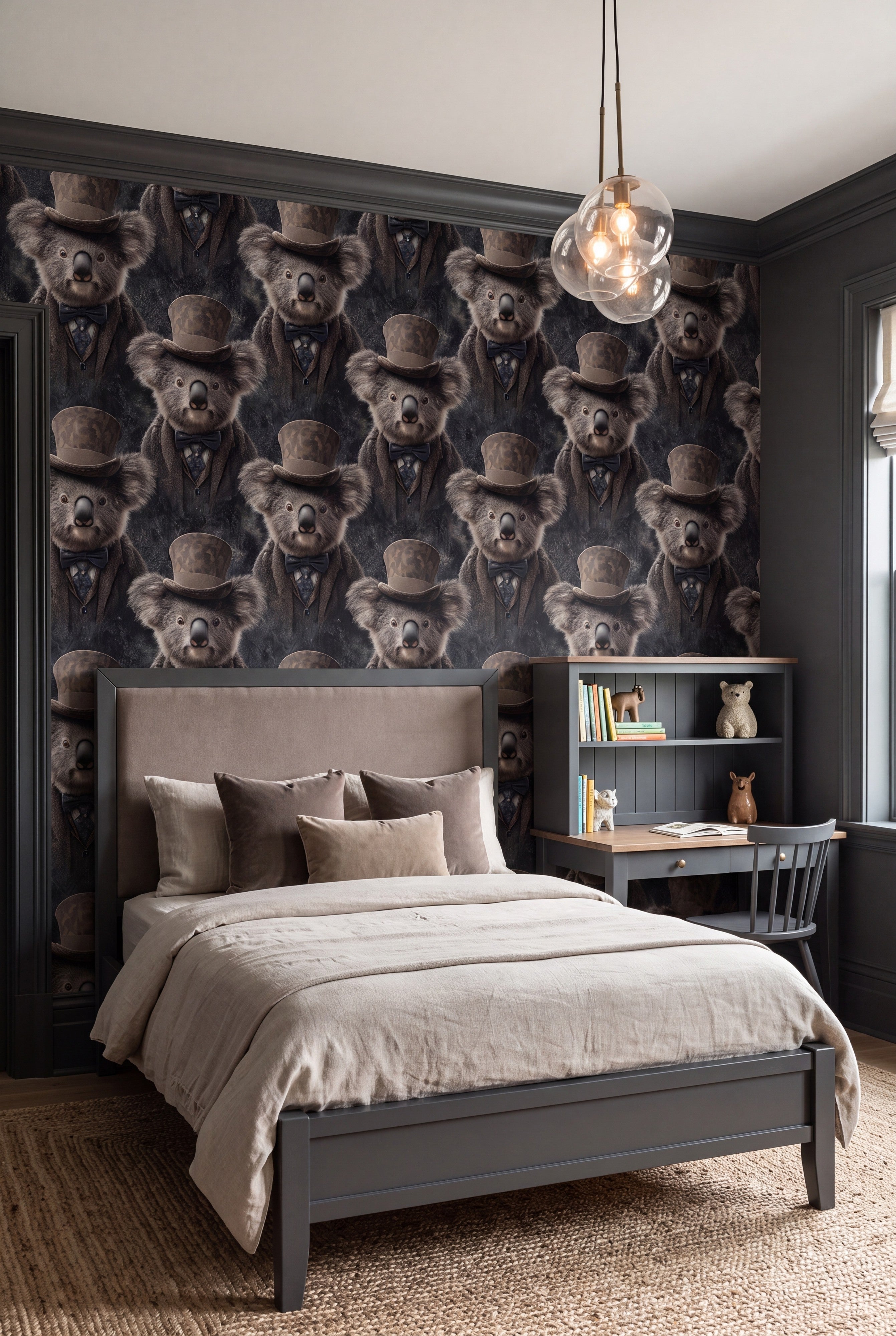Koala in tweed wallpaper in a kids room.