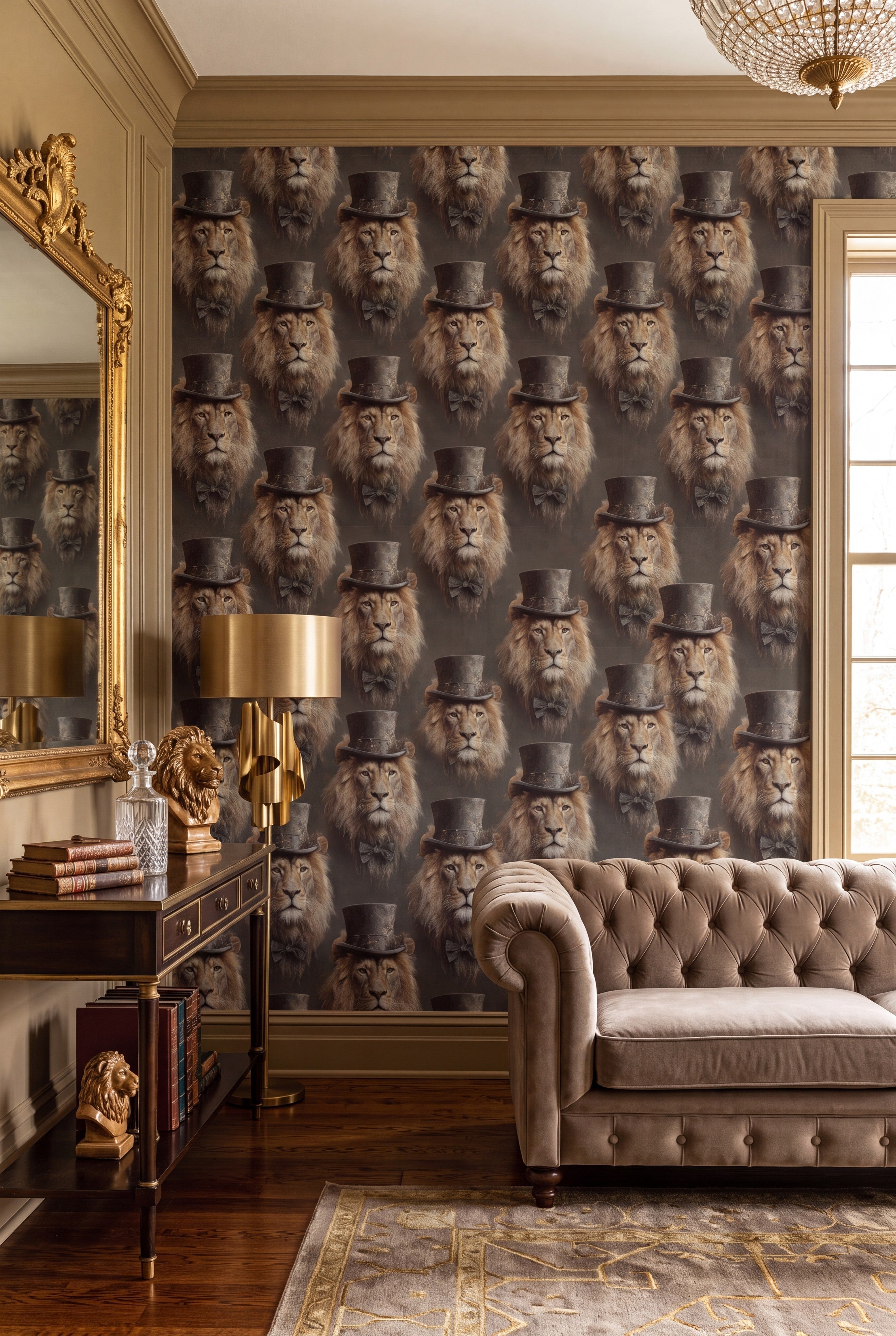 Golden lion in a tall hat wallpaper in a living room.