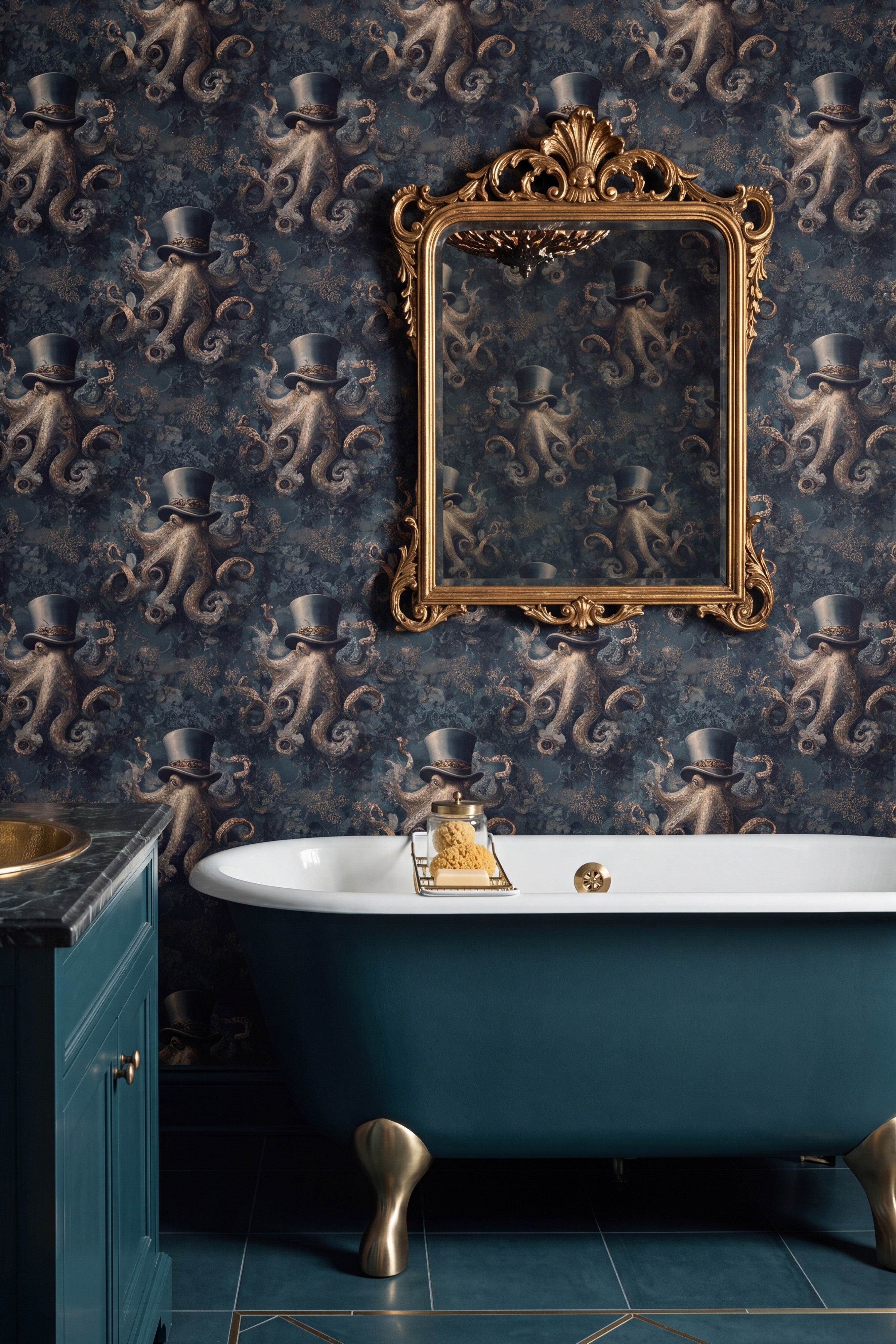 Gold octopus on ink blue wallpaper in a bathroom.
