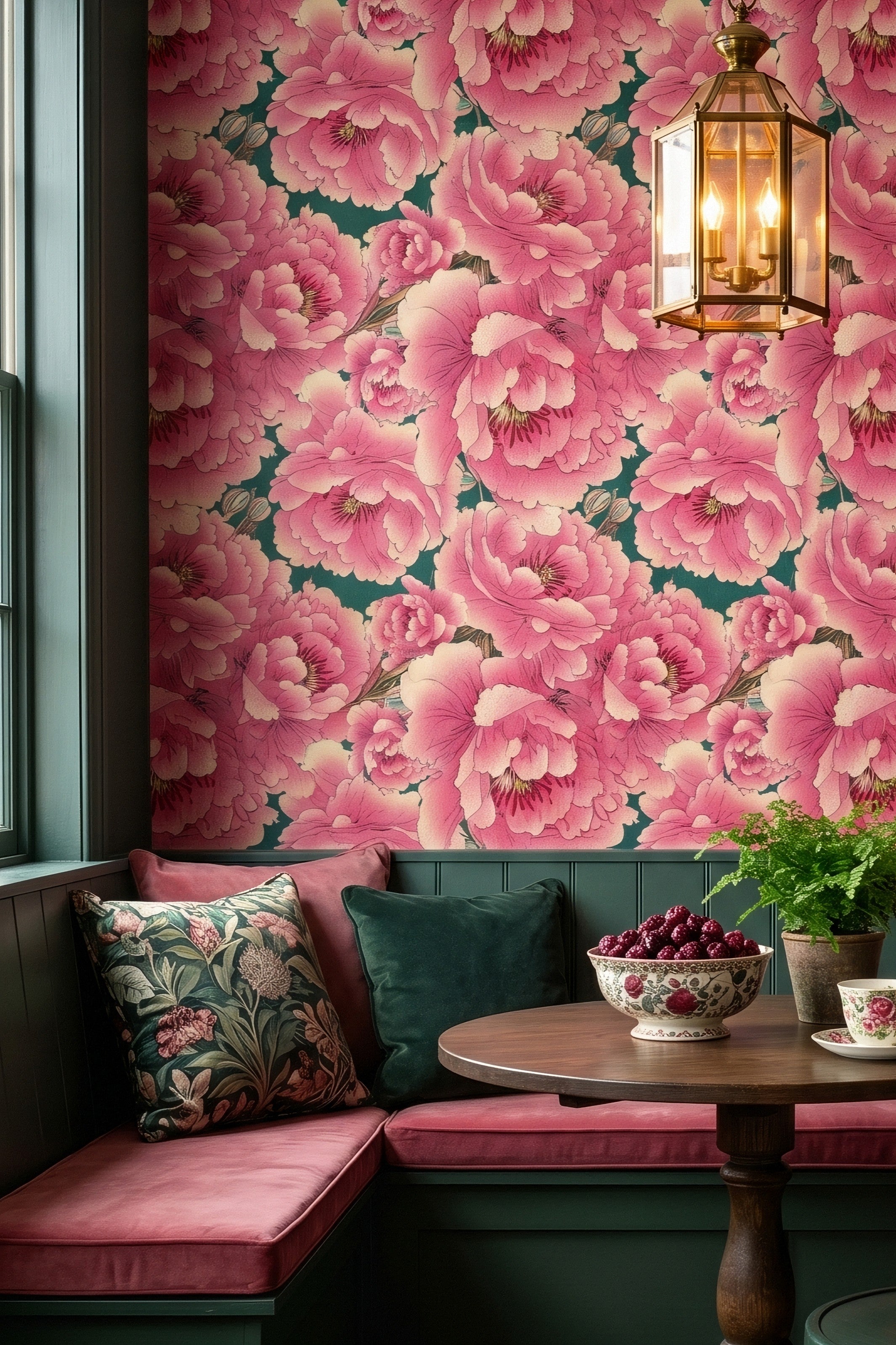 Blush and rose chinoiserie peonies on a soft wallpaper in a kitchen nook.