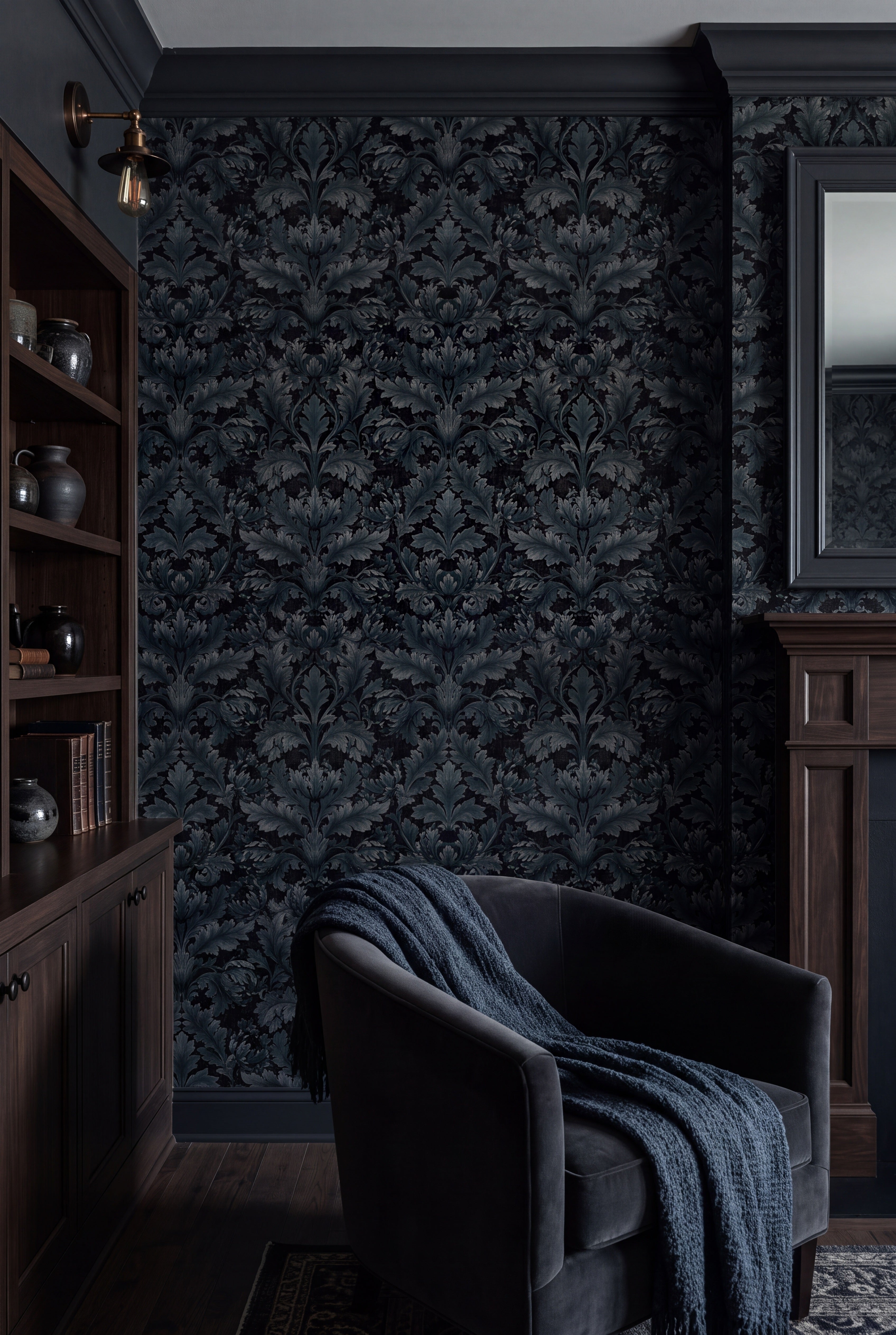 Slate blue acanthus plumes on a black Victorian damask wallpaper in a living room.