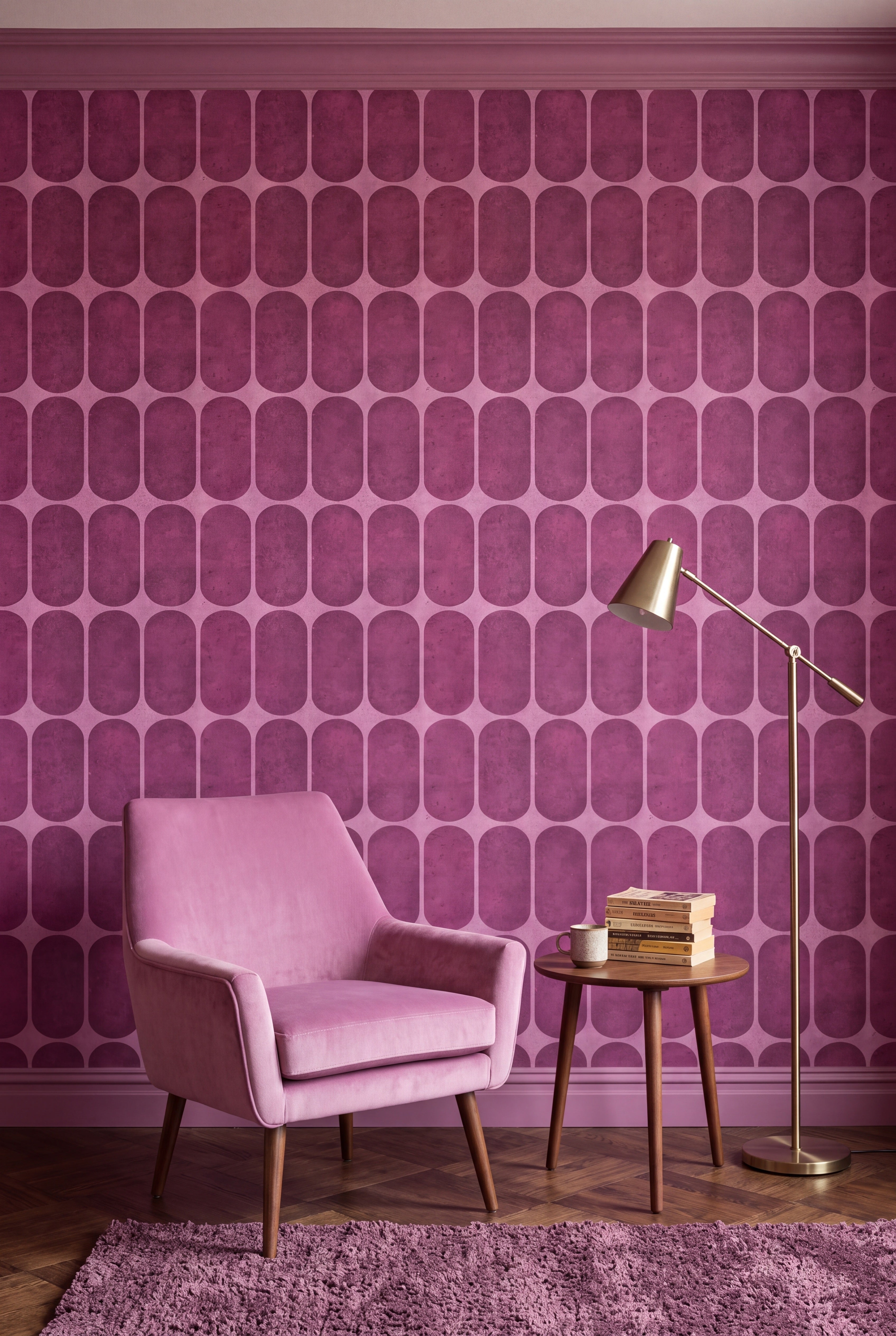 Orchid pink capsule grid wallpaper in a cozy reading nook.