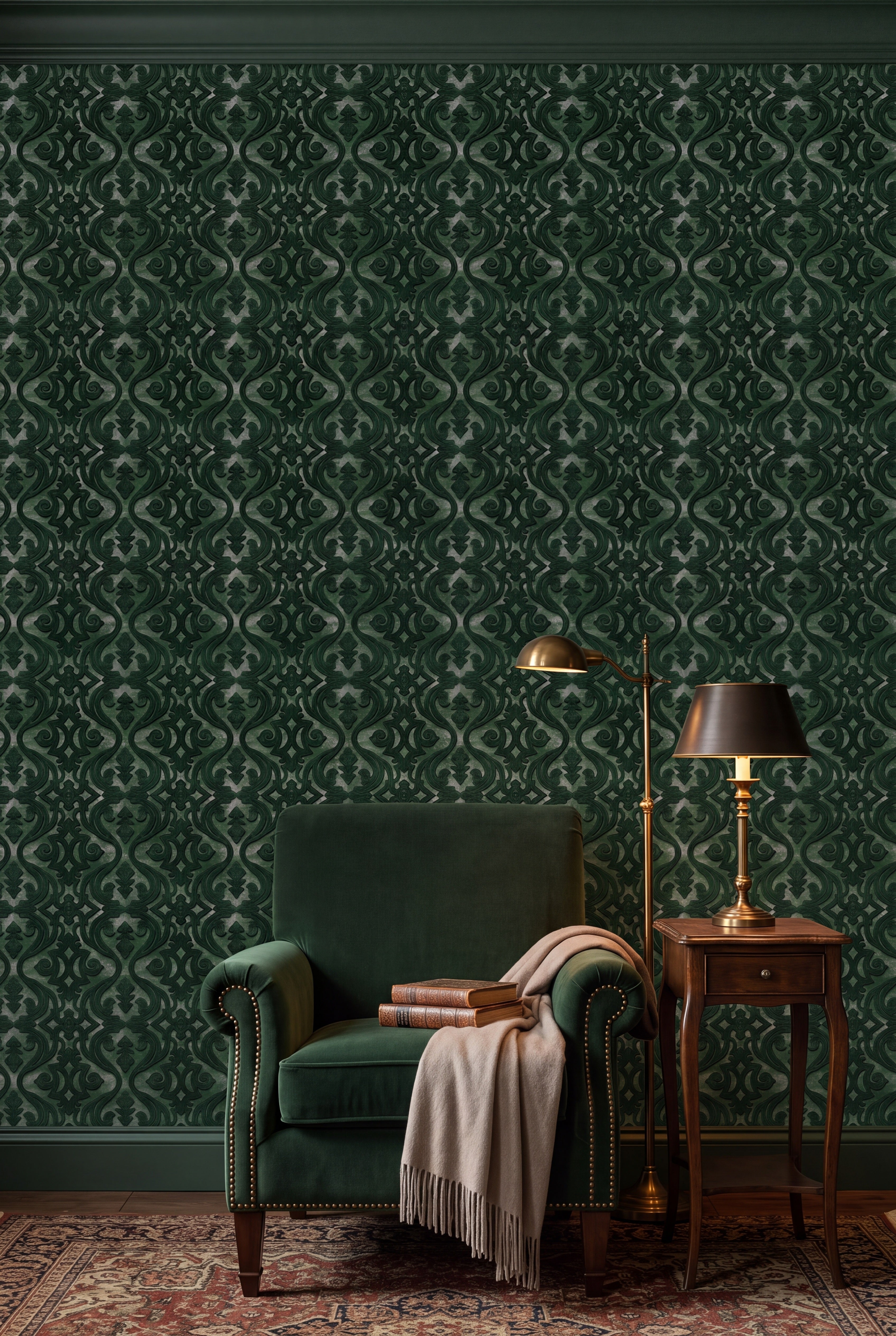 Deep forest green scroll damask wallpaper in a cozy reading nook.