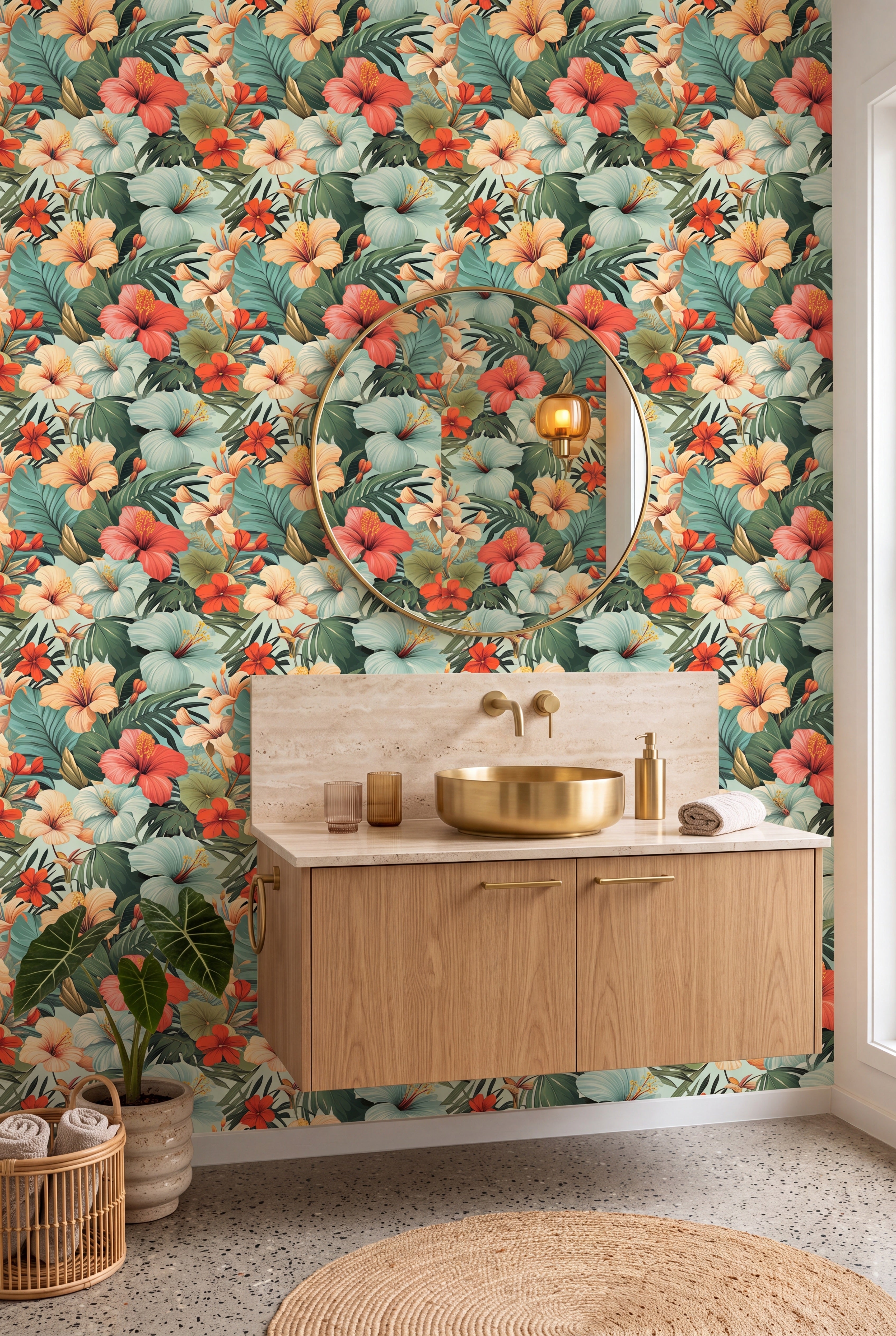 Retro tropical leaves and blooms in vintage teal wallpaper in a powder room.