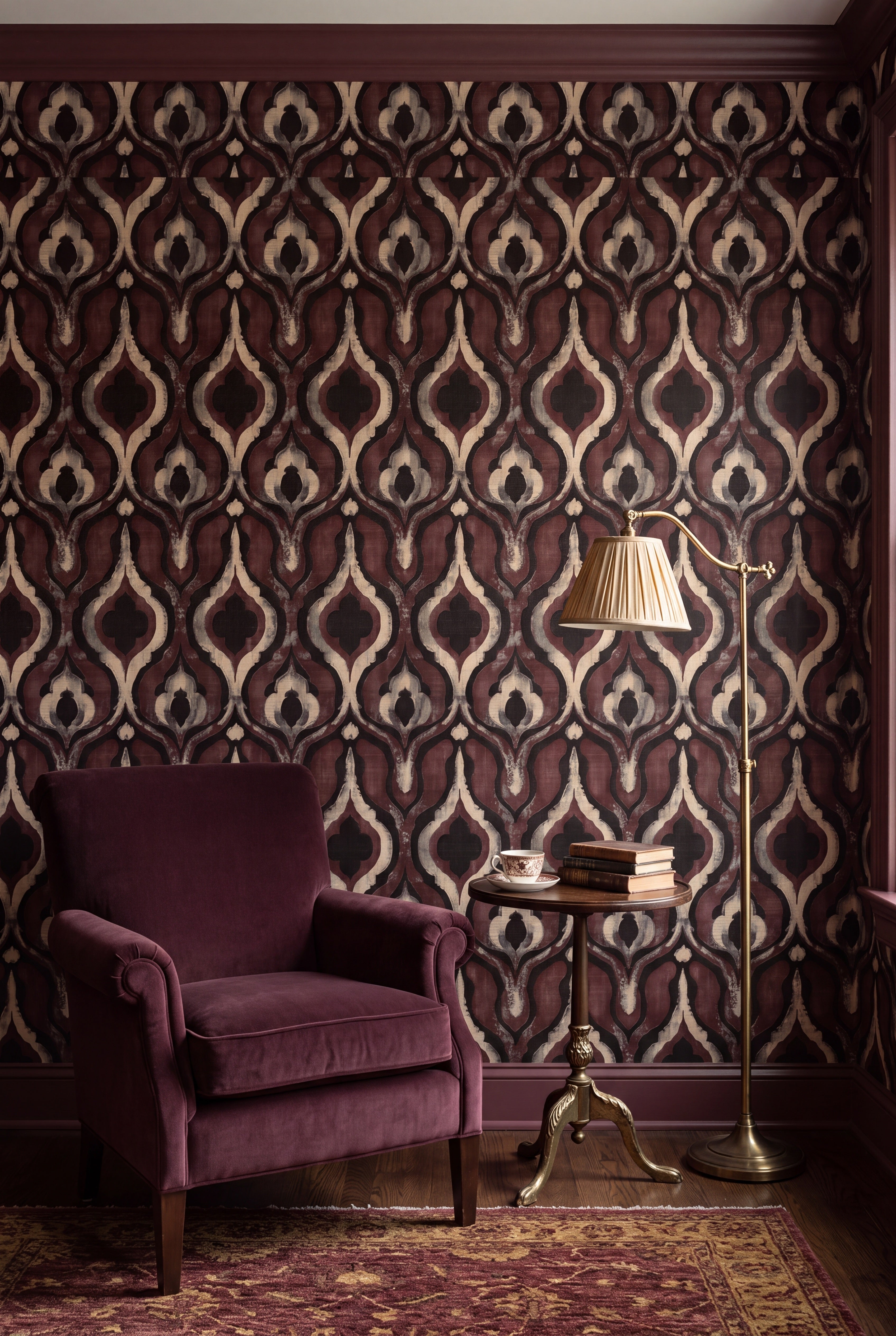 Burgundy plum ogee lantern damask wallpaper in a cozy reading nook.