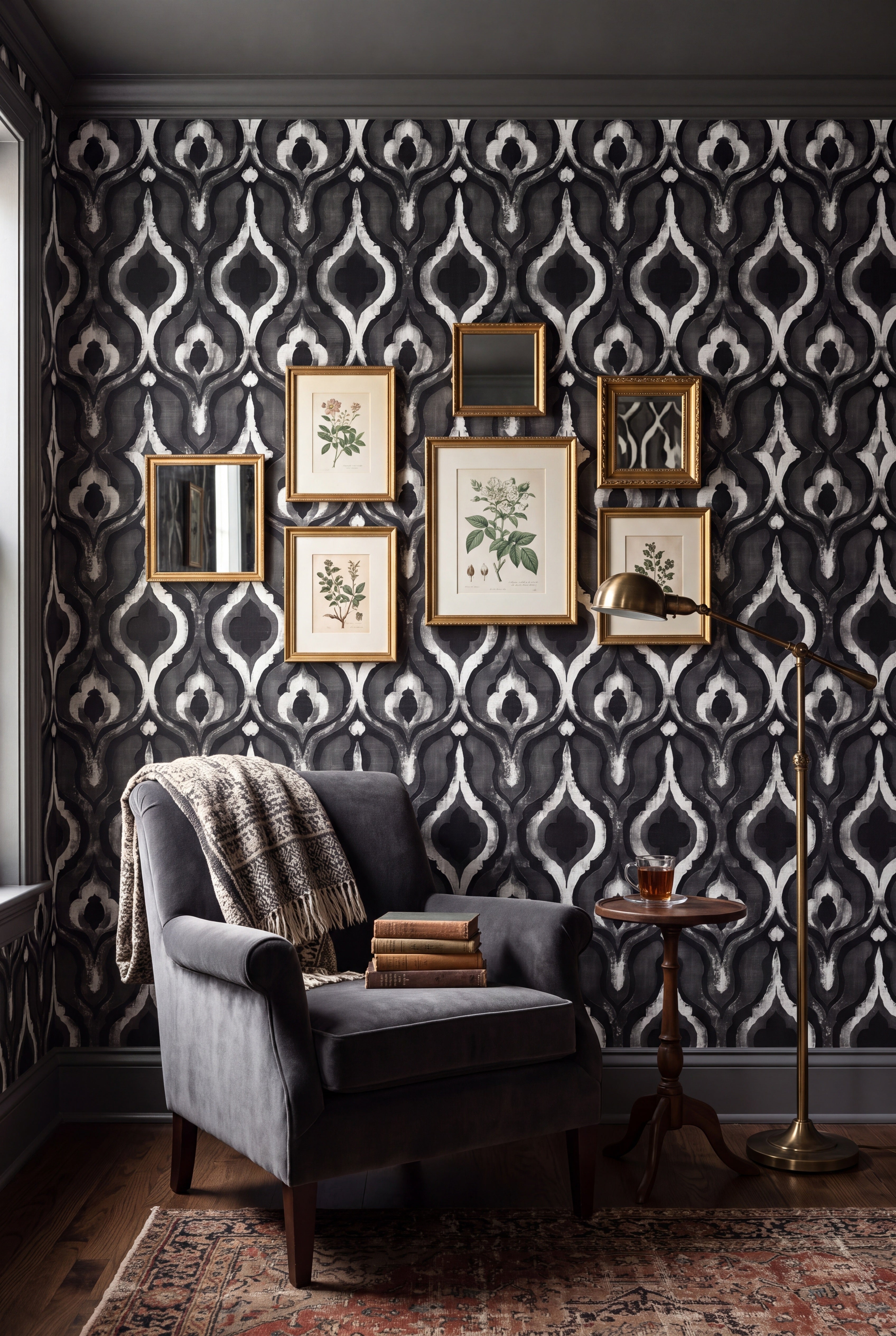 Charcoal gray ogee lantern damask wallpaper in a cozy reading nook.