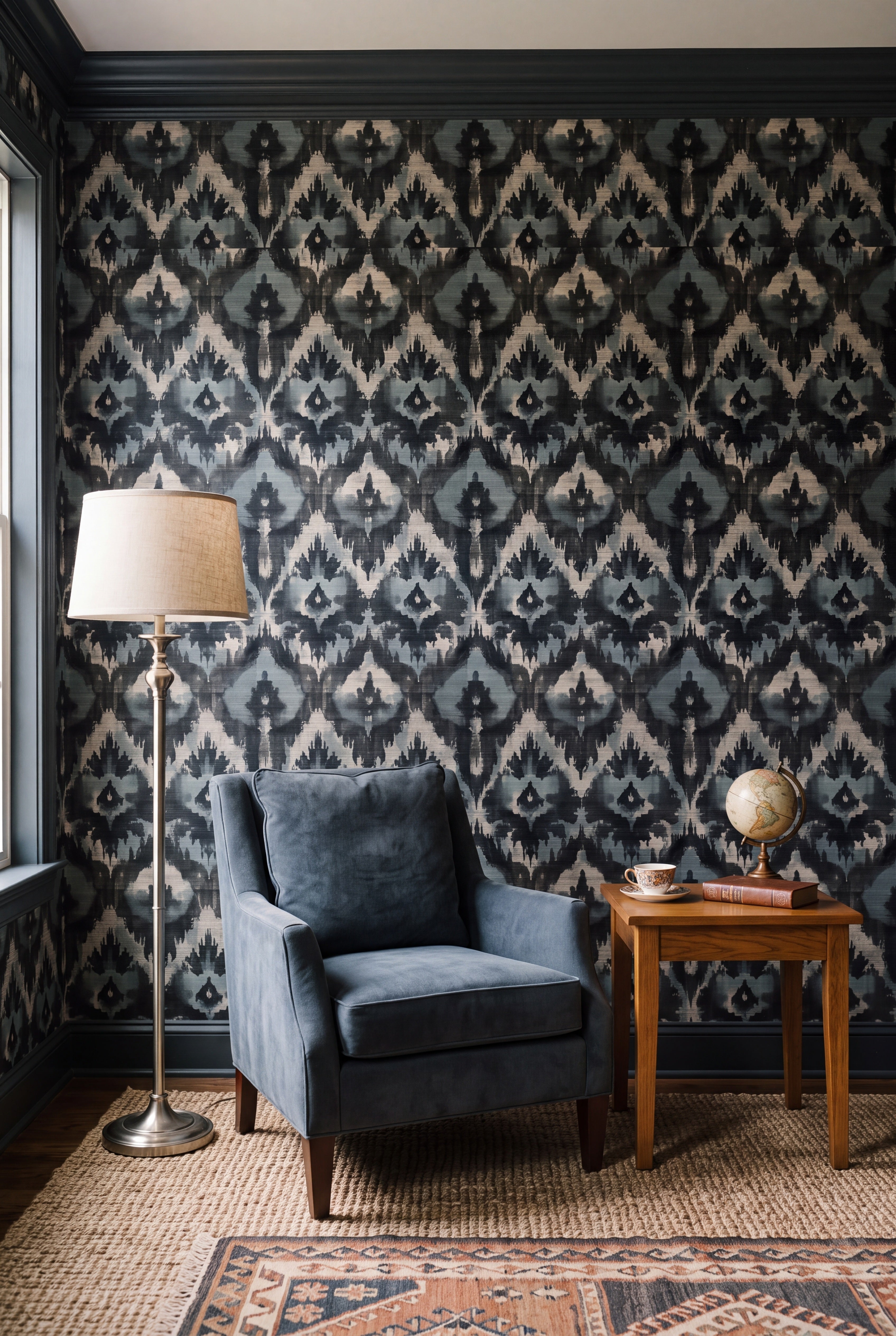 Slate blue ikat diamond wallpaper in a cozy reading nook.