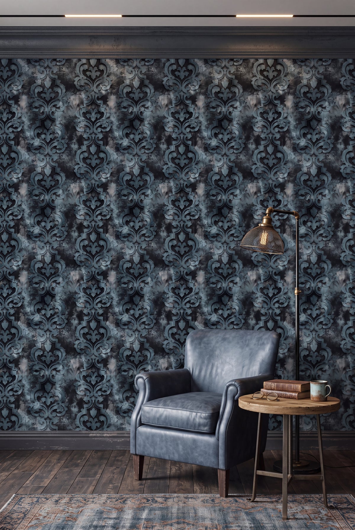 Slate blue distressed damask wallpaper in a cozy reading nook.