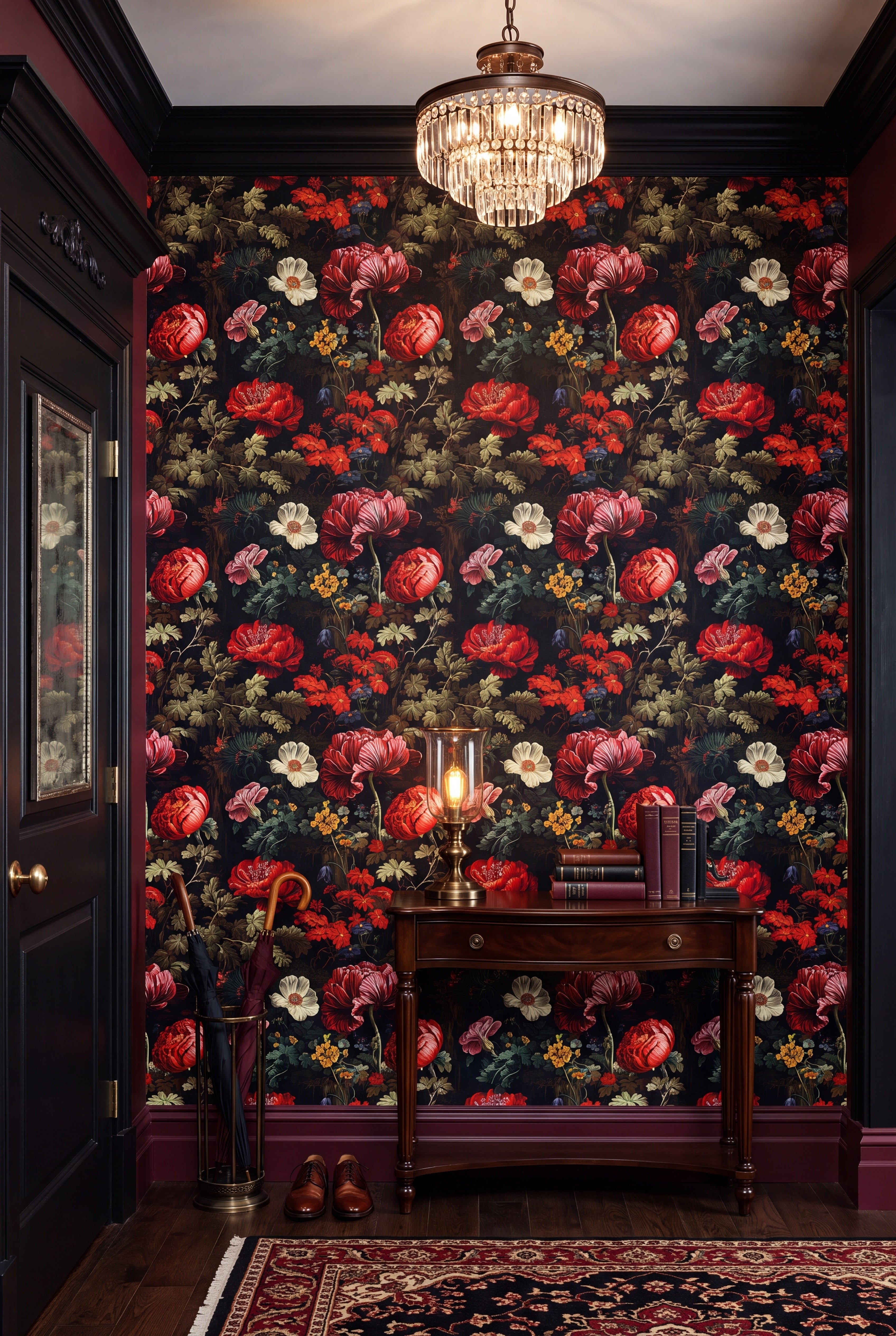 Layered dark blooms in deep nocturnal tones on moody floral wallpaper in an entryway.