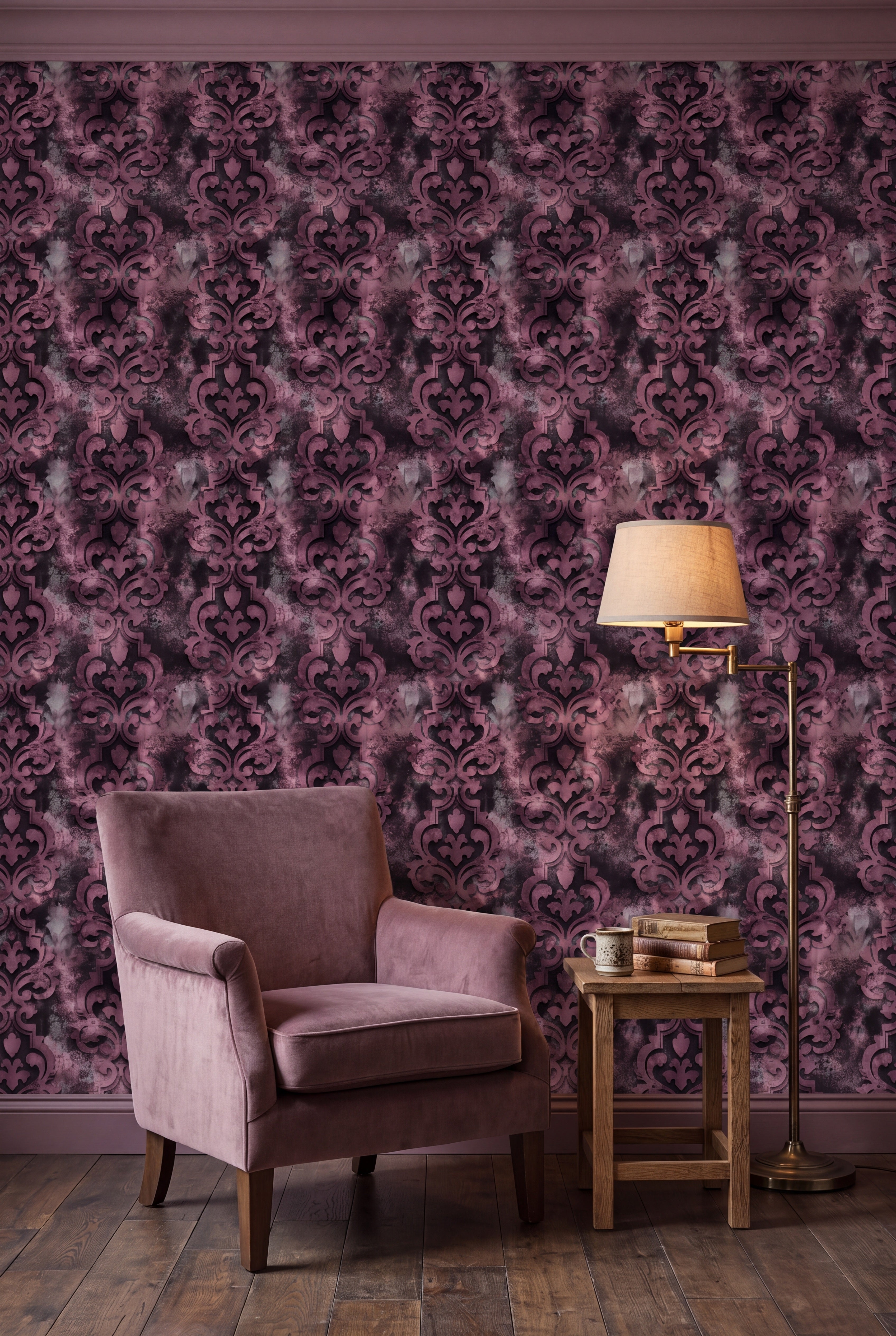 Dusty mauve distressed damask wallpaper in a cozy reading nook.