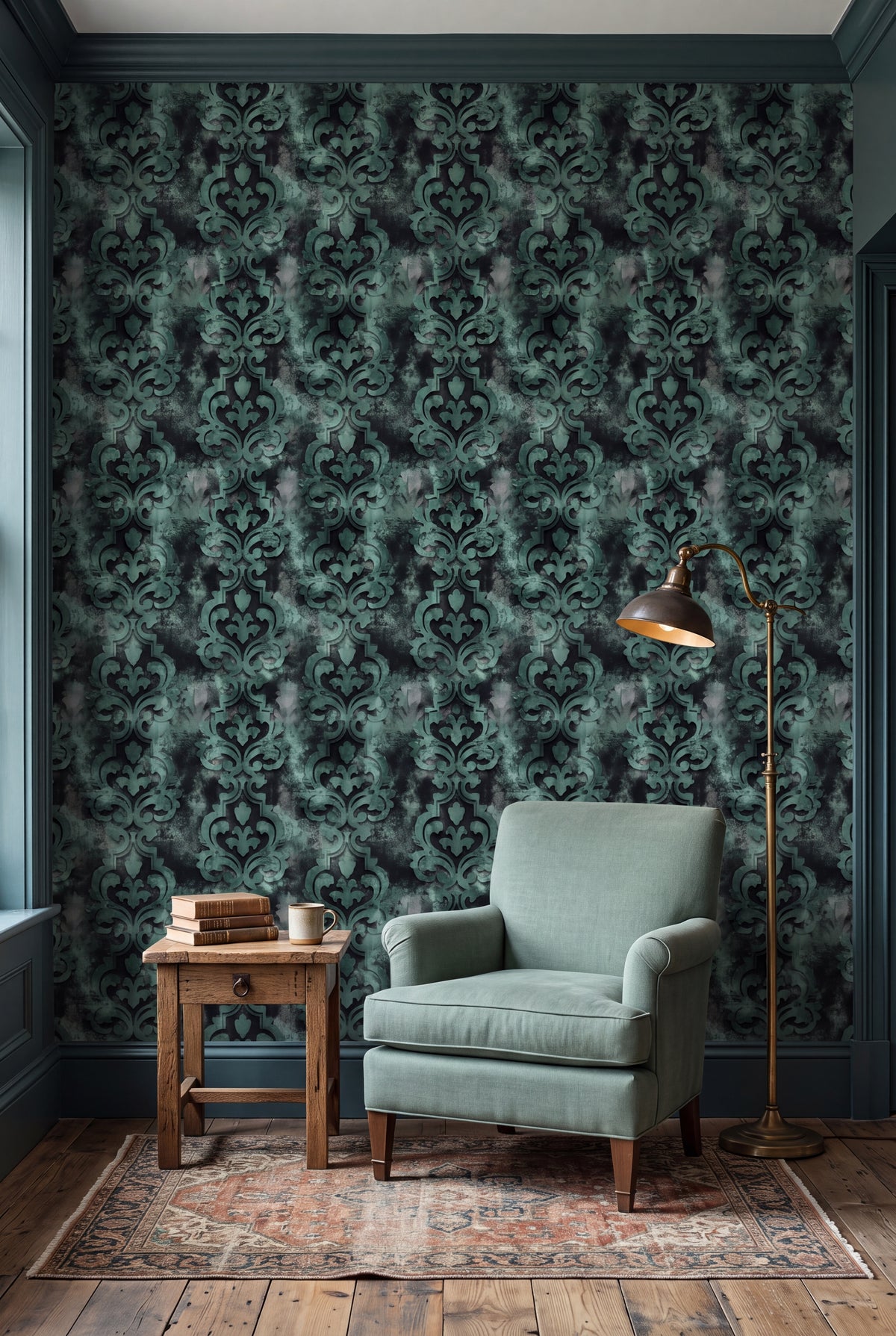 Seafoam sage distressed damask wallpaper in a cozy reading nook.