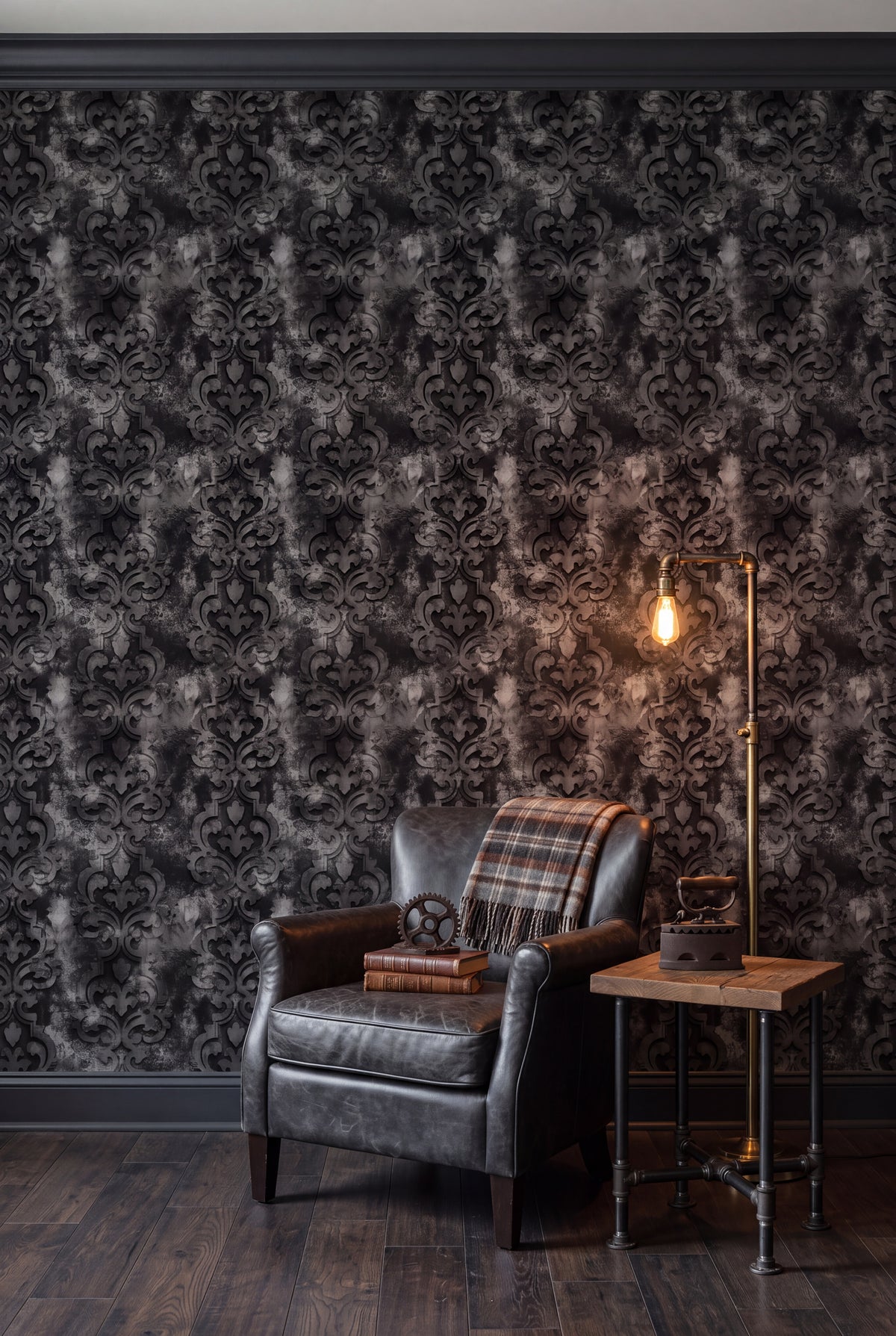 Charcoal pewter distressed damask wallpaper in a cozy reading nook.