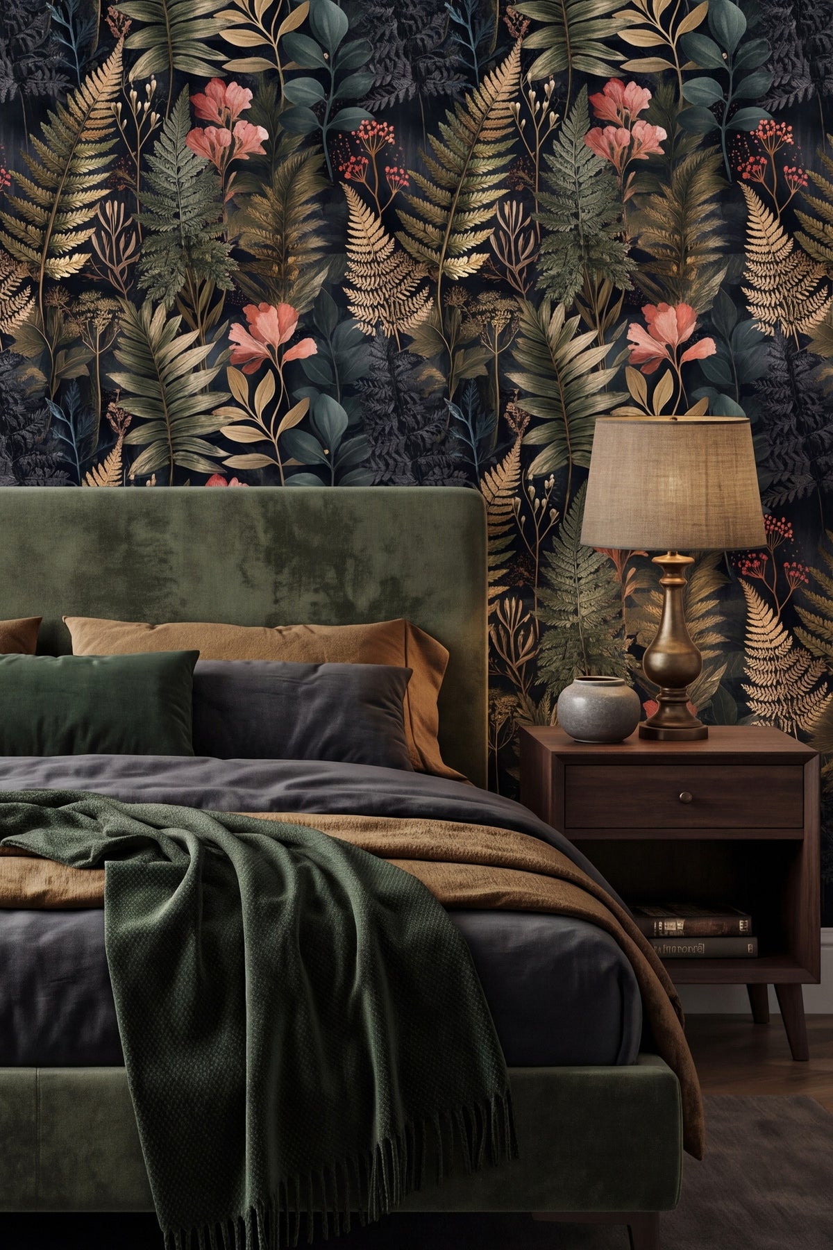 Layered ferns and coral blooms on a dark navy botanical wallpaper behind a bed.