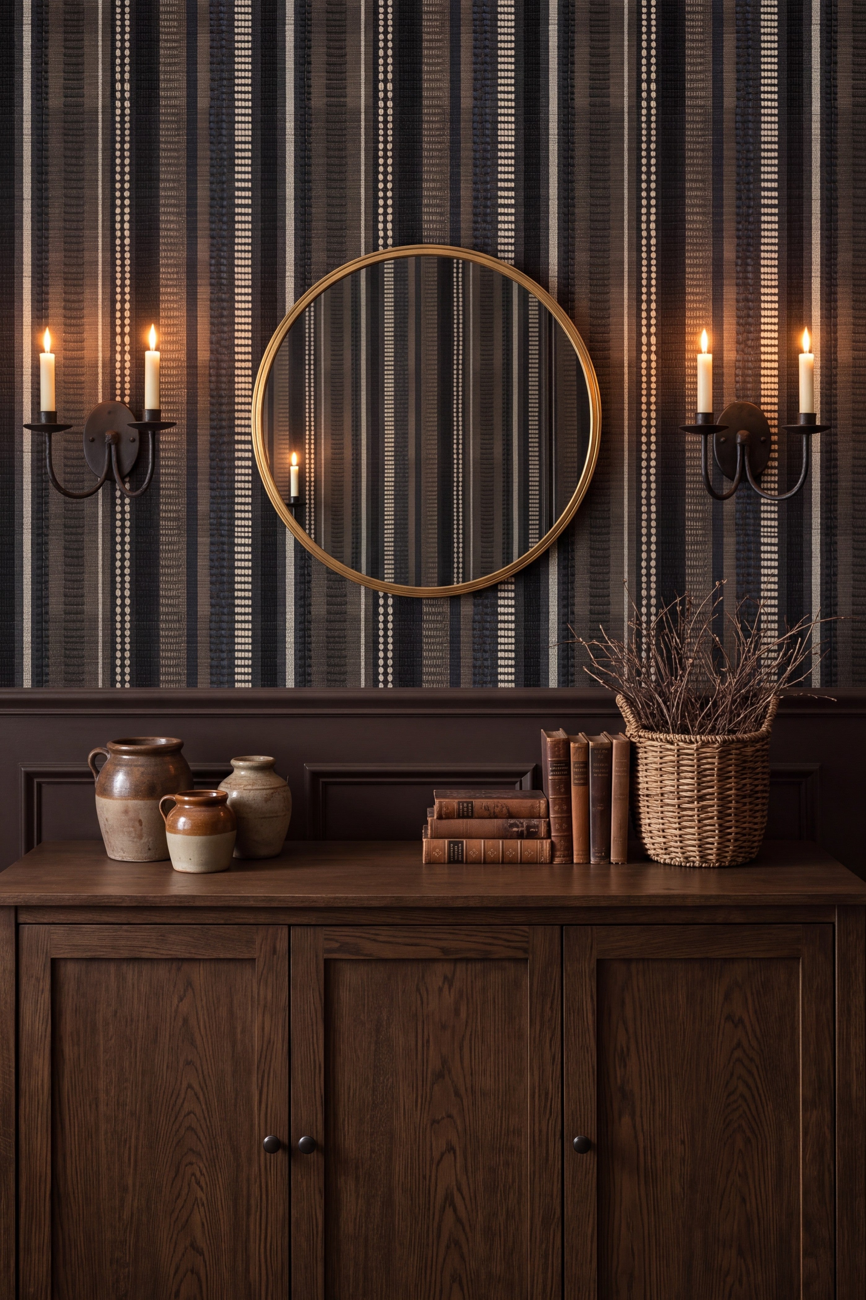 Black and deep brown woven stripe wallpaper in a dining room with painted trim.