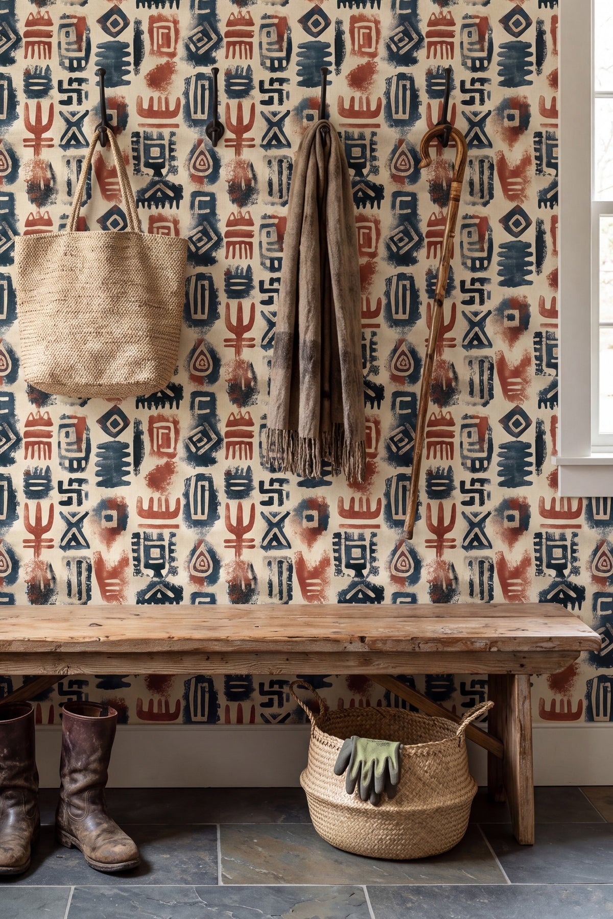 Navy and rust hand inked folk symbols on a linen cream wallpaper in a mudroom.