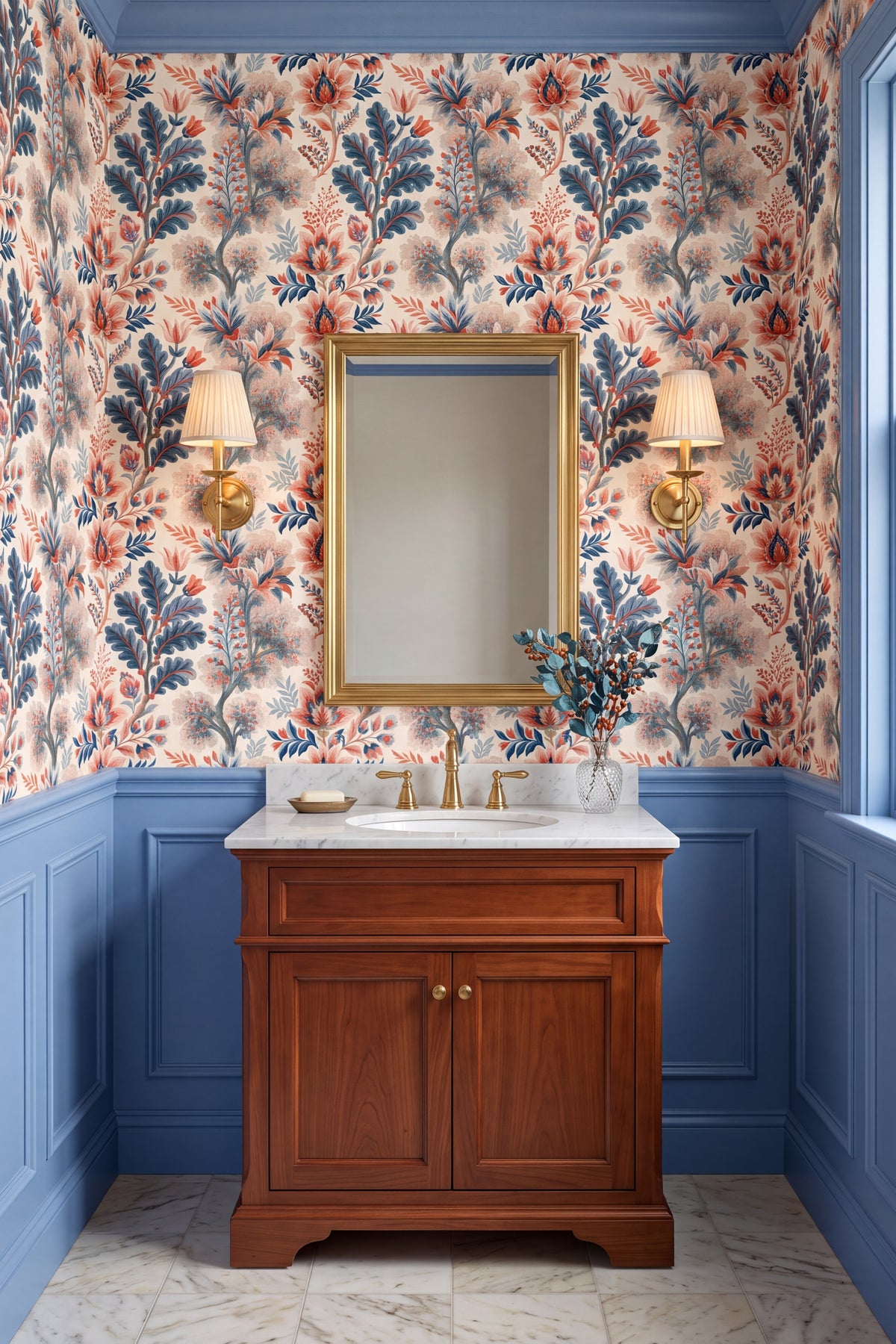 Blue and coral folk florals on a cream wallpaper in a powder room.