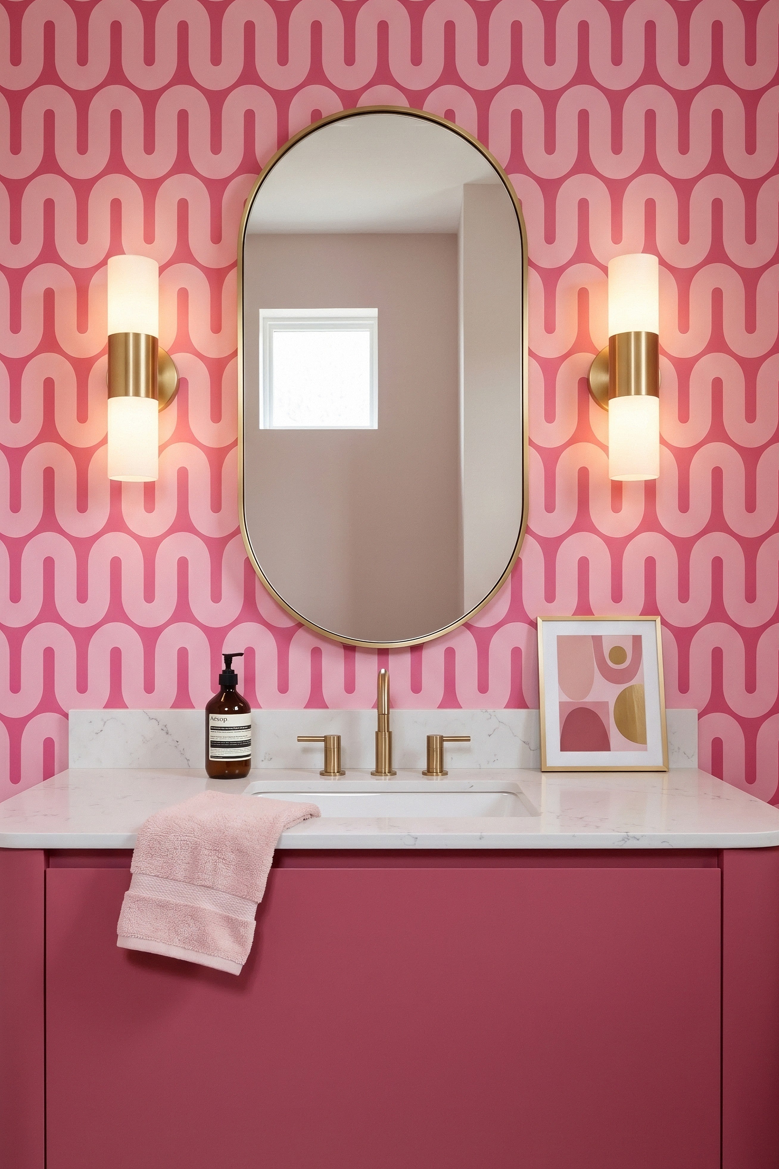 A soft pink squiggle winding across a raspberry wallpaper in a powder room.