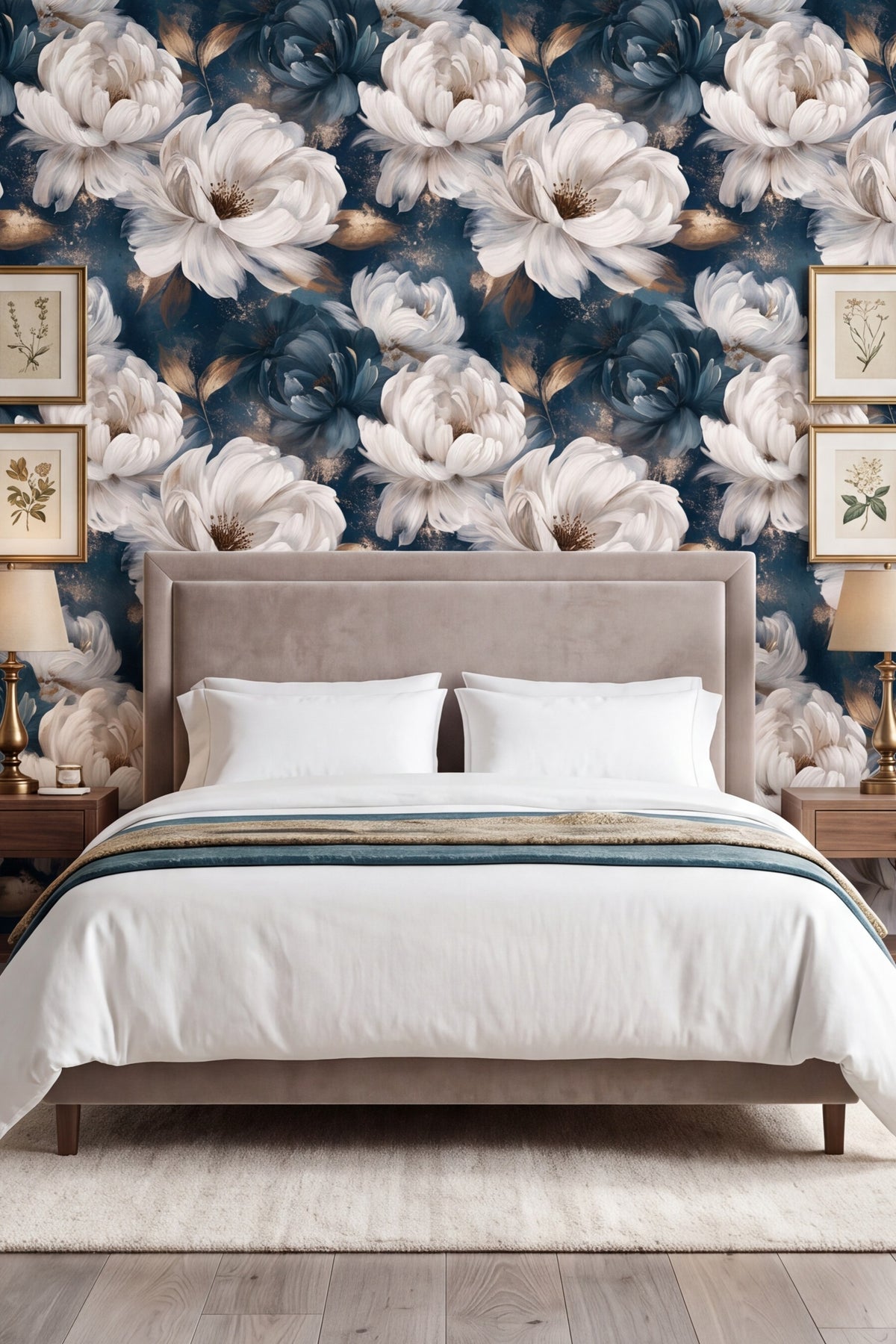 Oversized white peonies with gold leaves on dark teal navy wallpaper behind a bed.