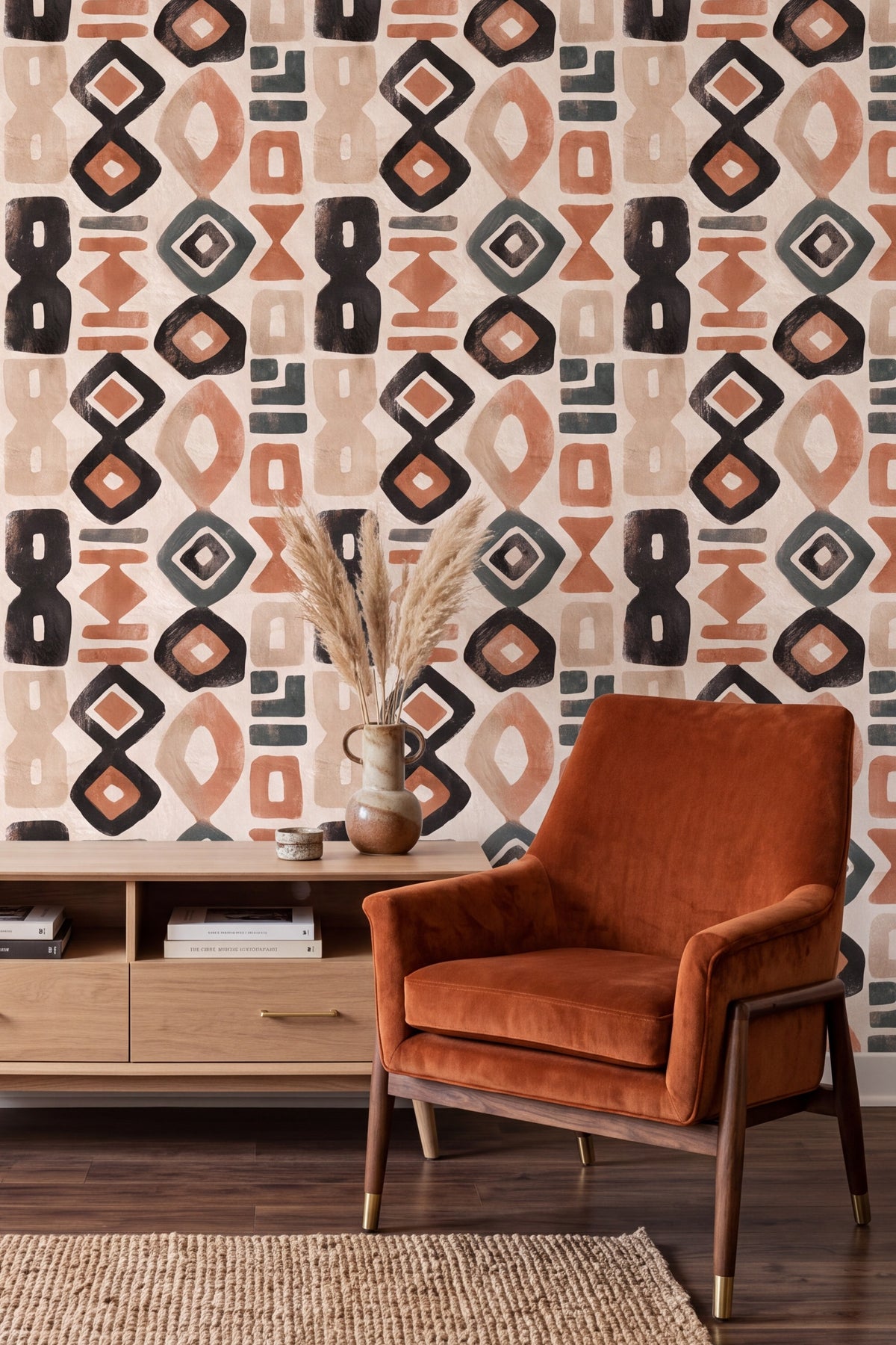 Stacked terracotta and teal diamonds and rounded squares on cream wallpaper in a living room.