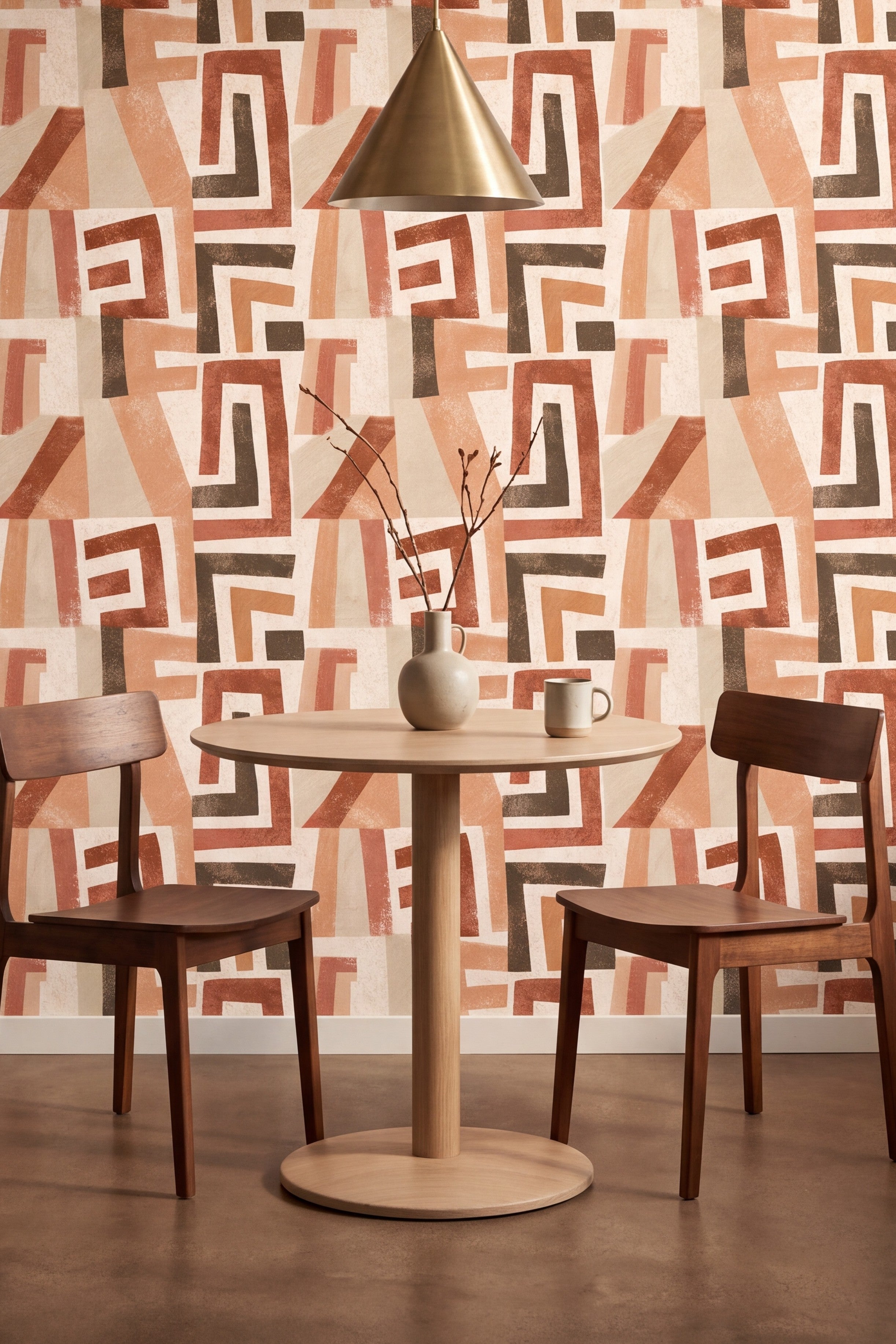 Large angular rust and terracotta cut shapes on cream wallpaper in a kitchen.