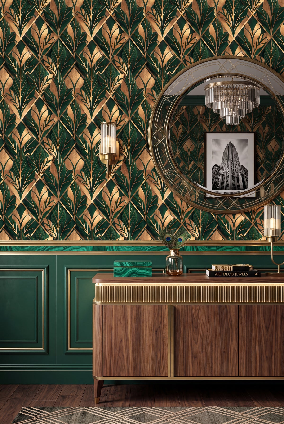 Malachite green and gold art deco fan wallpaper in a dining room with dark millwork.