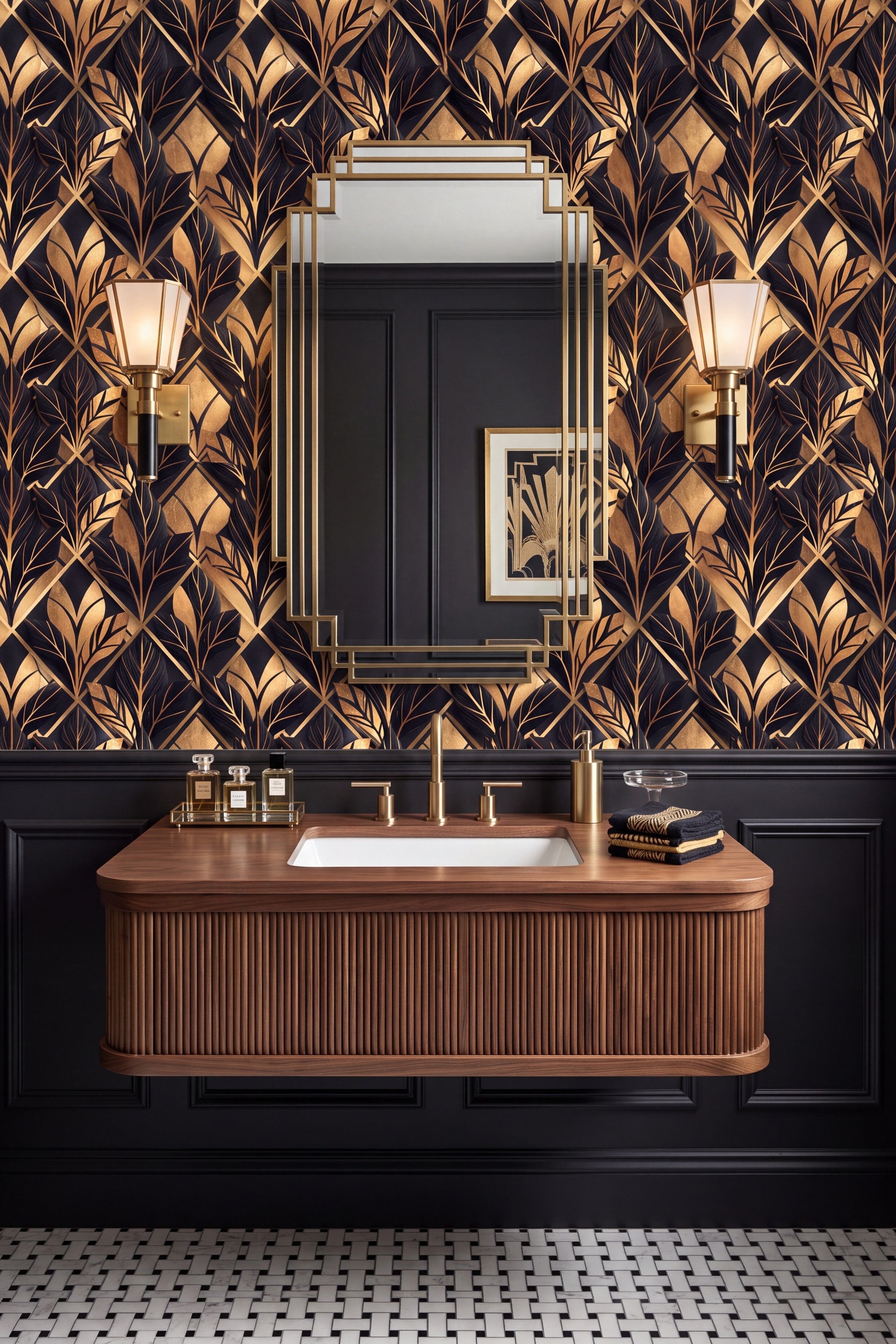 Black and gold art deco fan wallpaper in a powder room.
