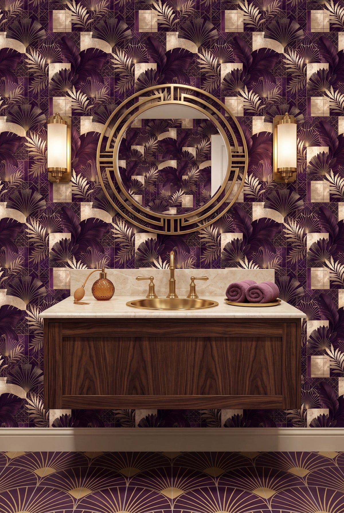 Plum and gold art deco fan palm wallpaper in a powder room.