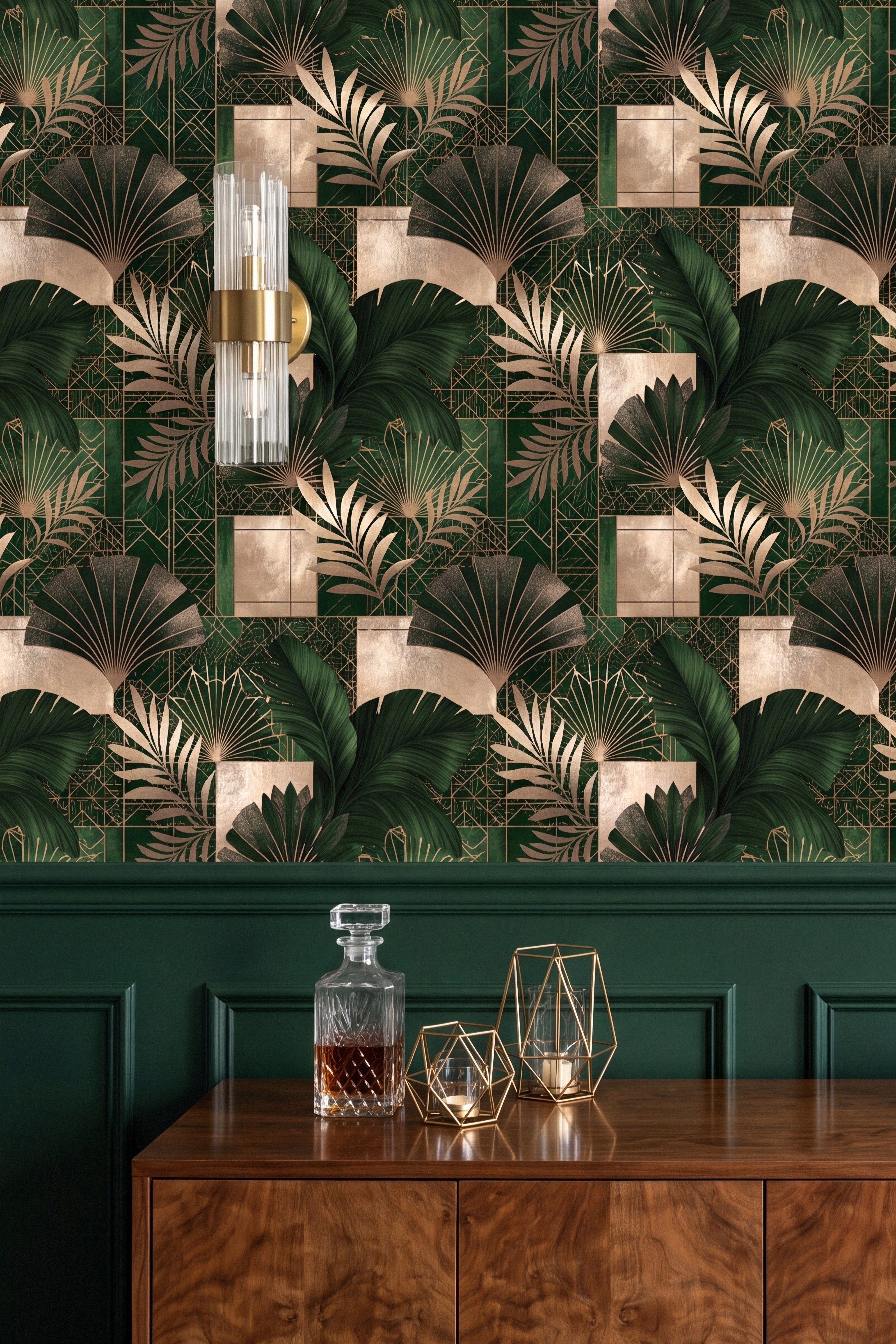 Deep green and gold art deco fan palm wallpaper in a dining room.