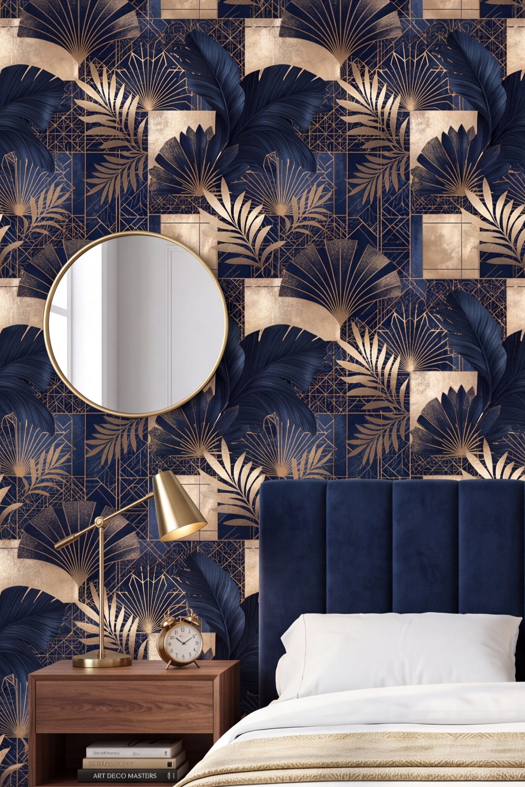 Navy and gold art deco fan palm wallpaper behind a bed.
