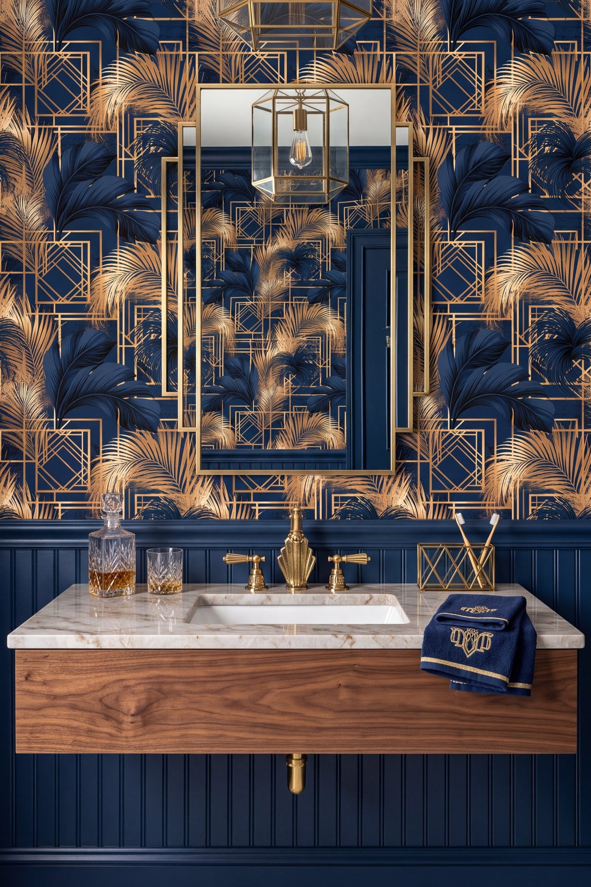 Navy and gold palm fronds over a deco lattice wallpaper in a bathroom.
