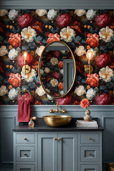 Twilight-dark layered garden botanicals on moody vintage wallpaper in a powder room.