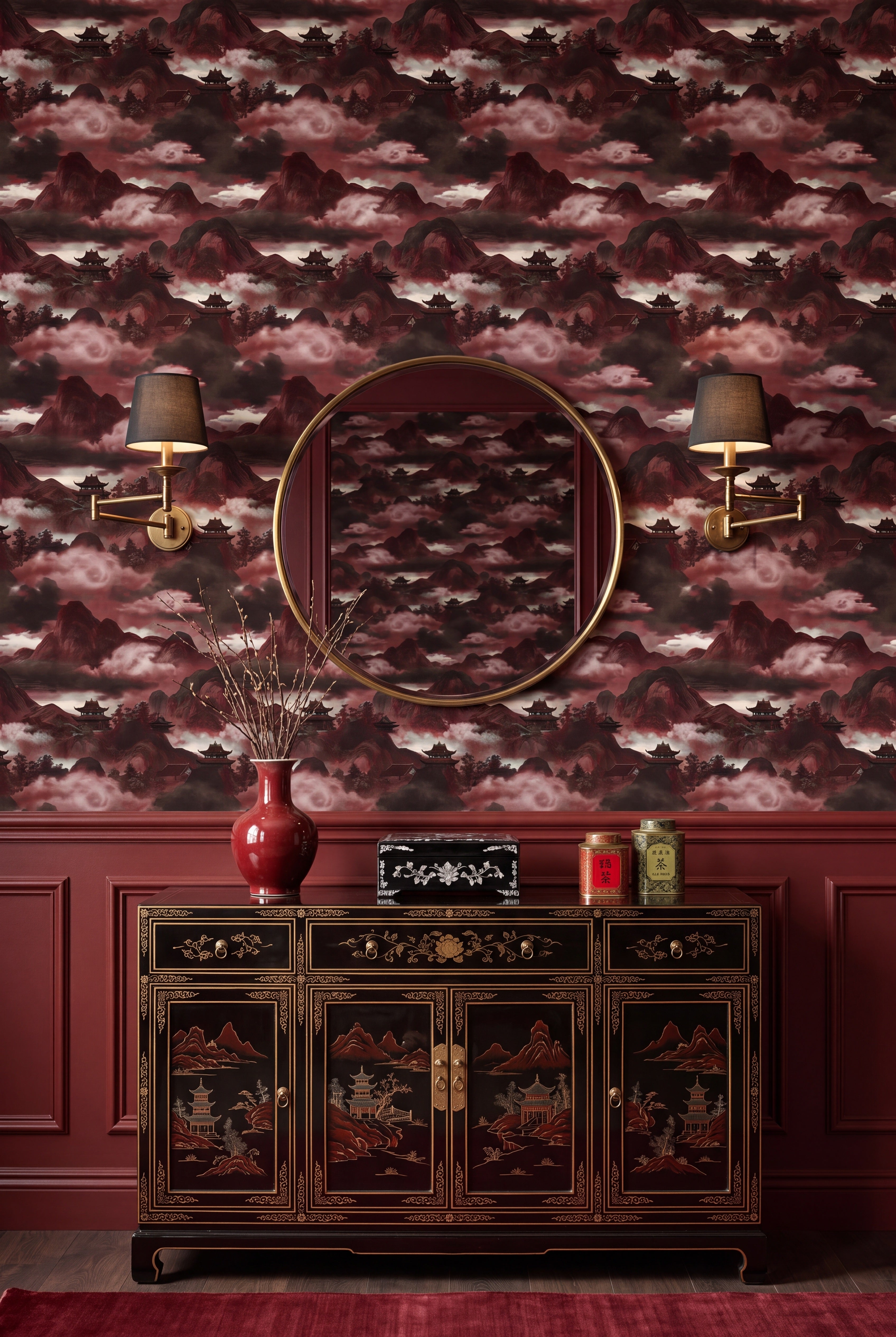 Oxblood red chinoiserie mountain and pagoda mural wallpaper in a dining room.