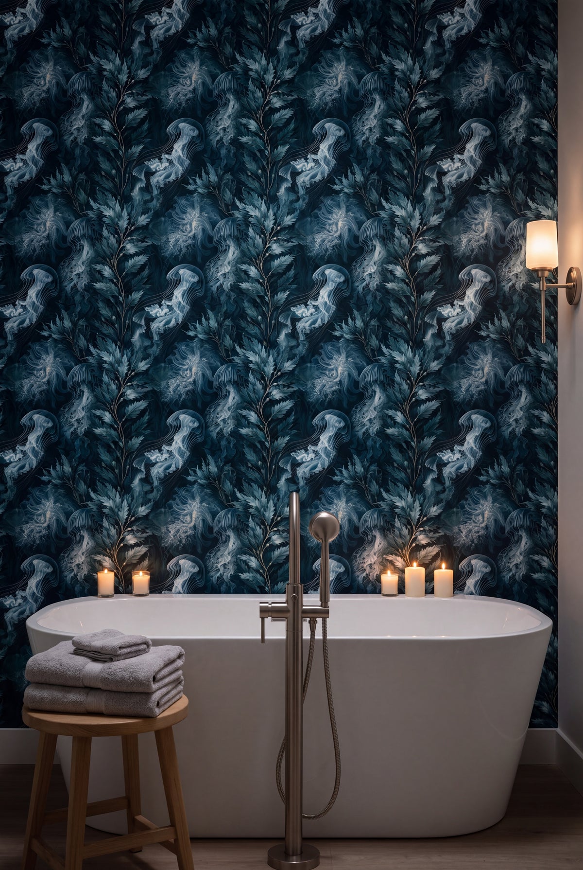 Teal kelp fronds and jellyfish wallpaper in an ink blue bathroom.