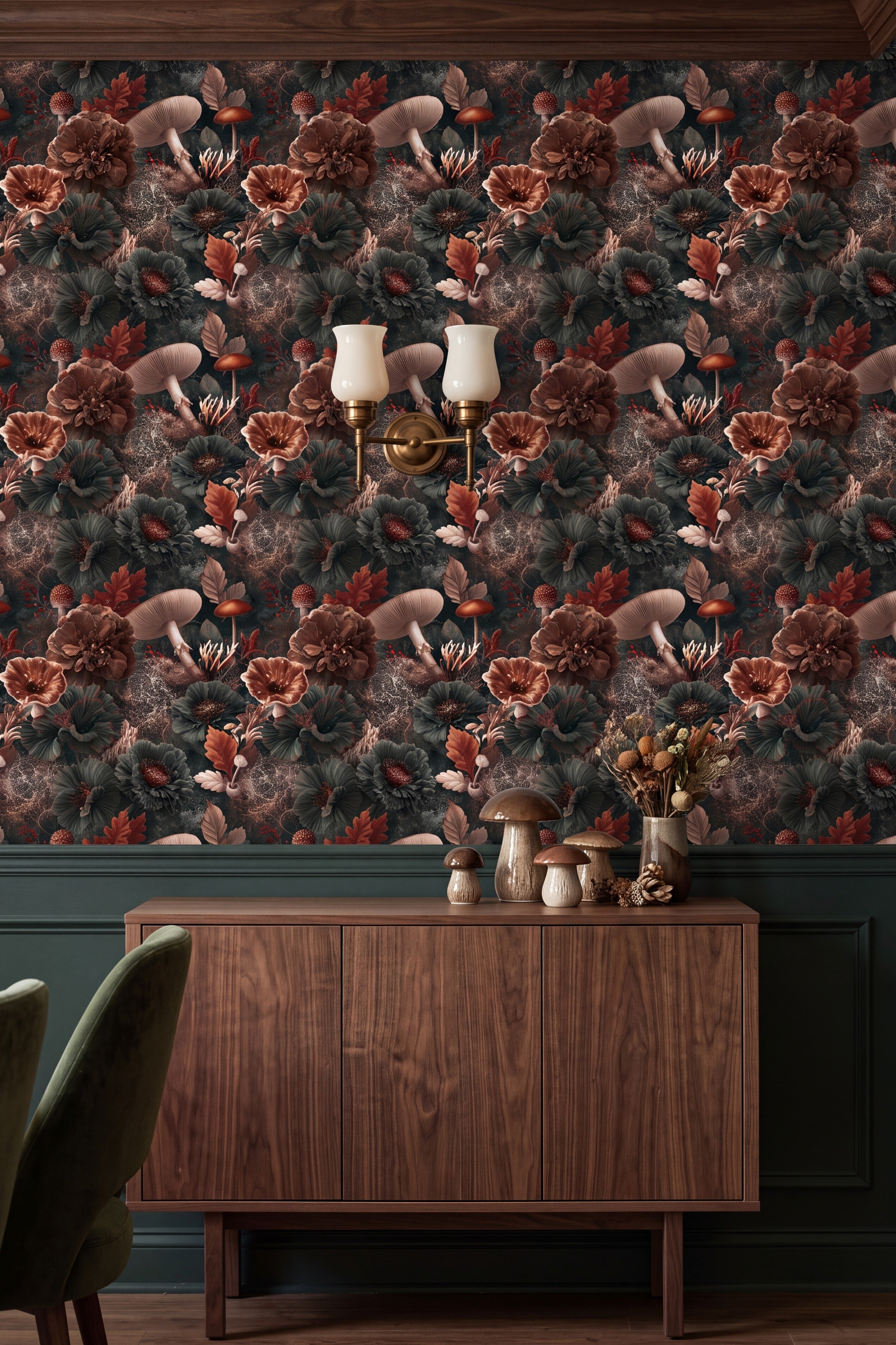 Rust mushrooms and teal blooms on dark forest wallpaper in a dining room.