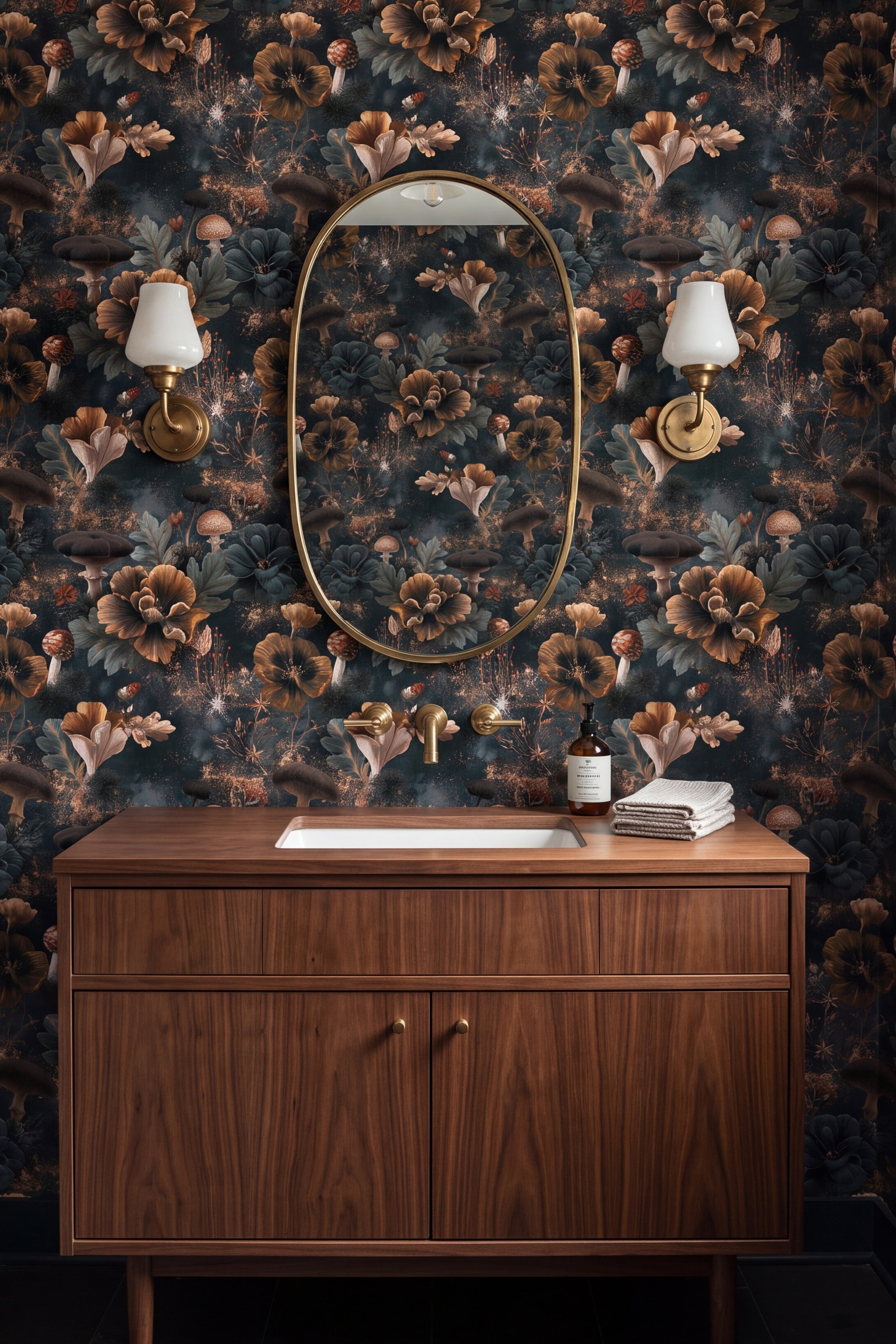 Gold blooms and toadstools on ink teal wallpaper in a powder room.