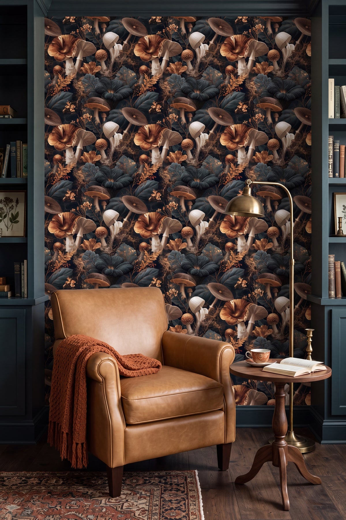 Parasol mushroom caps and gold ferns on dark teal wallpaper in a reading nook.