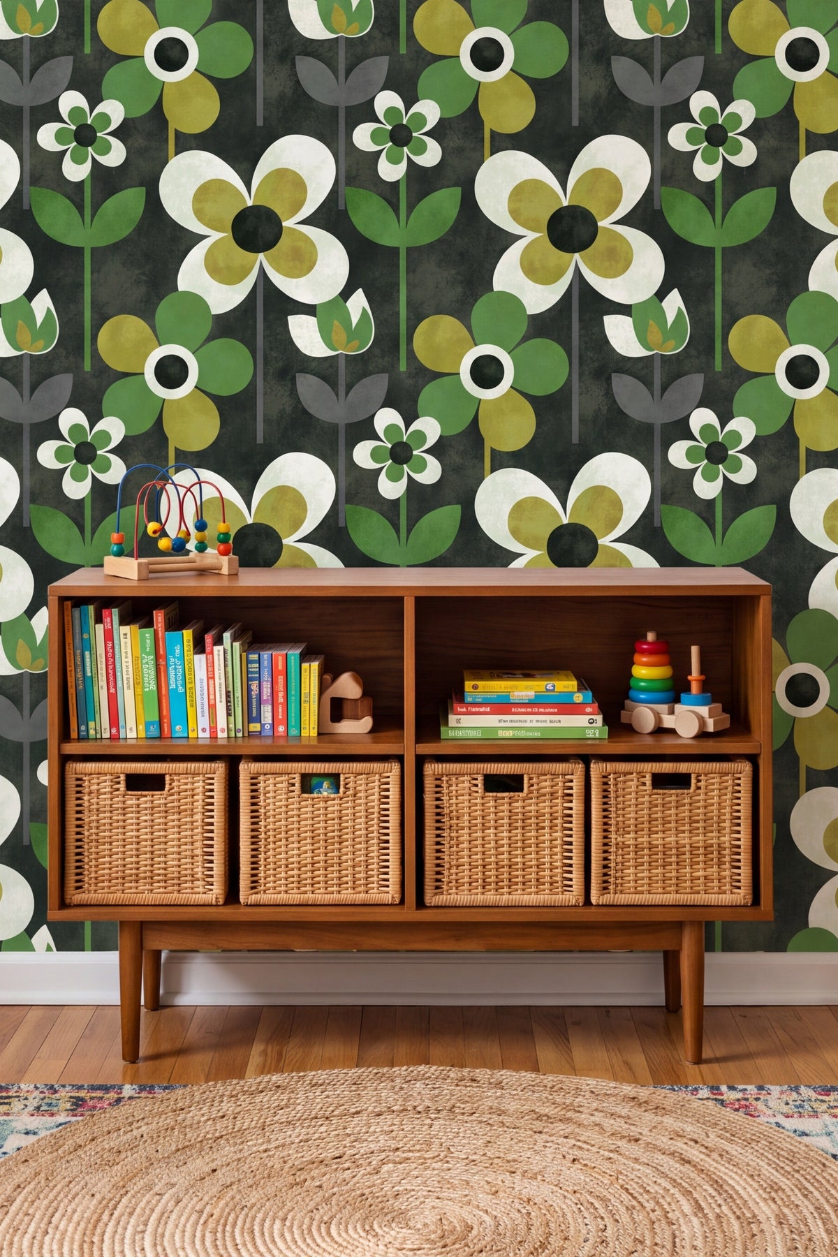 Pistachio and cream mod daisies on deep green wallpaper in a kids room.
