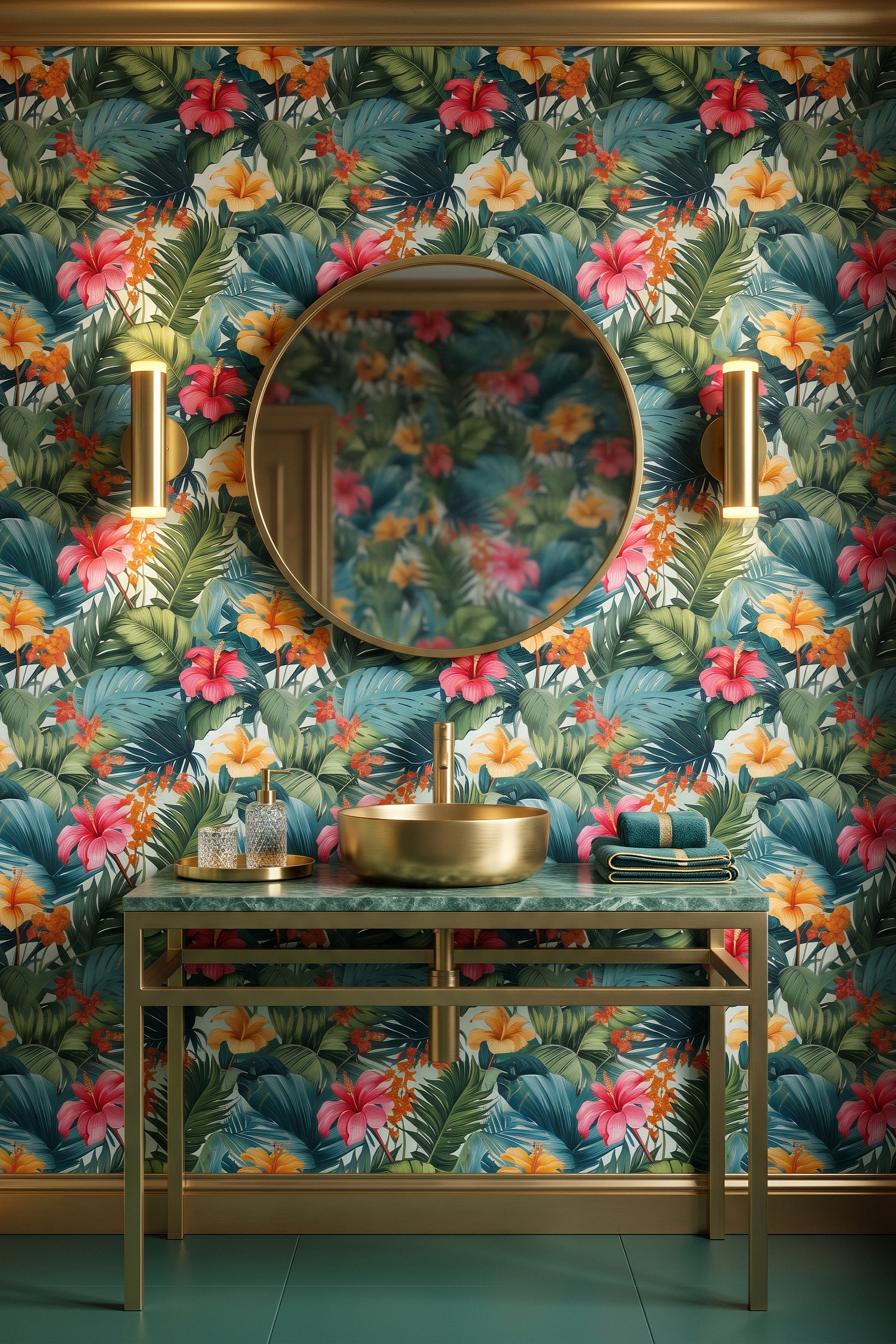 Vintage green palms and broad tropical leaves on a lush wallpaper in a powder room.