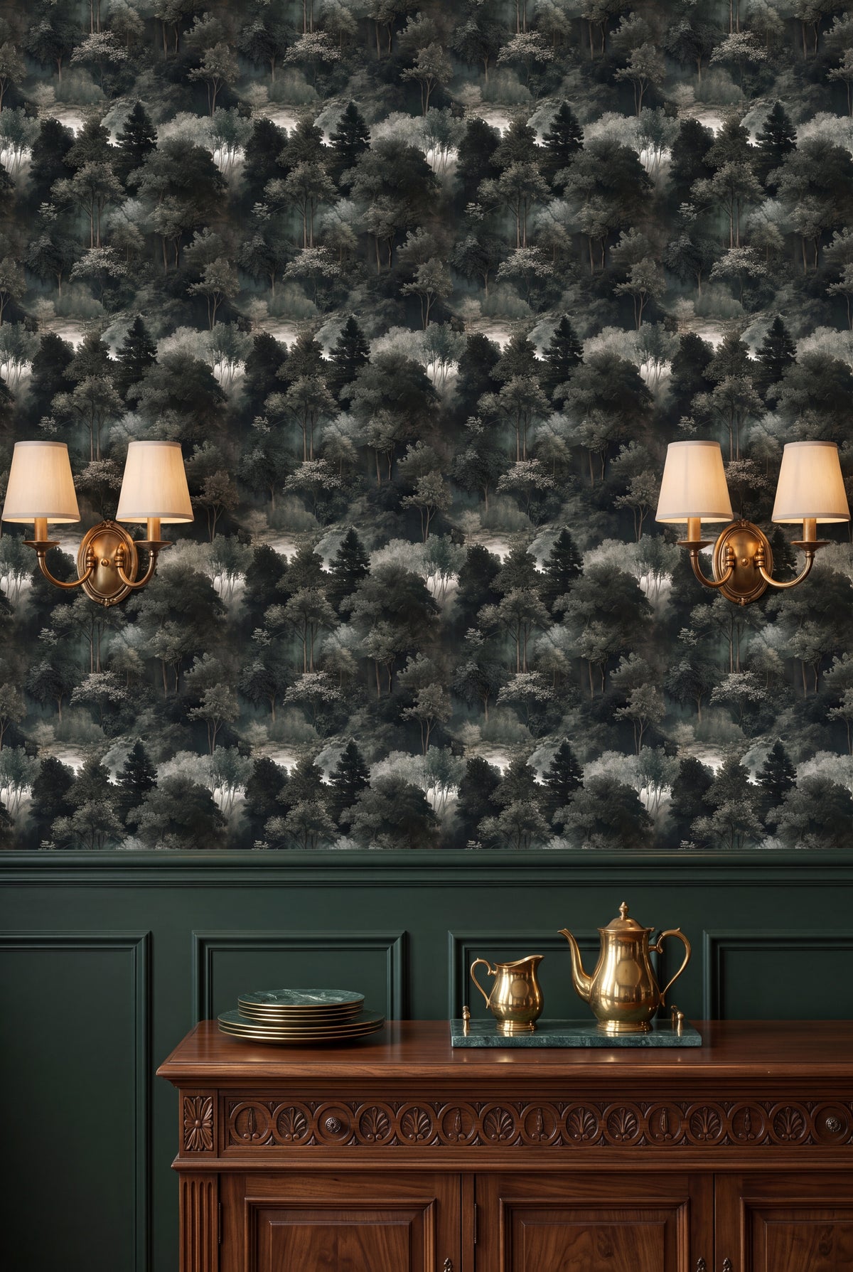 Deep green misty forest canopy mural wallpaper in a dining room.