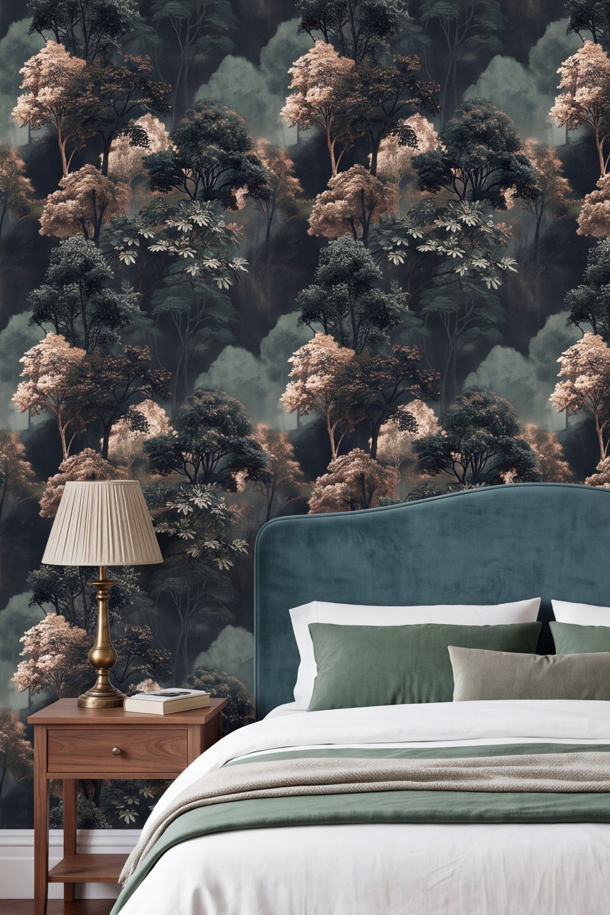 Dark teal treetops with champagne canopies mural wallpaper behind a bed.