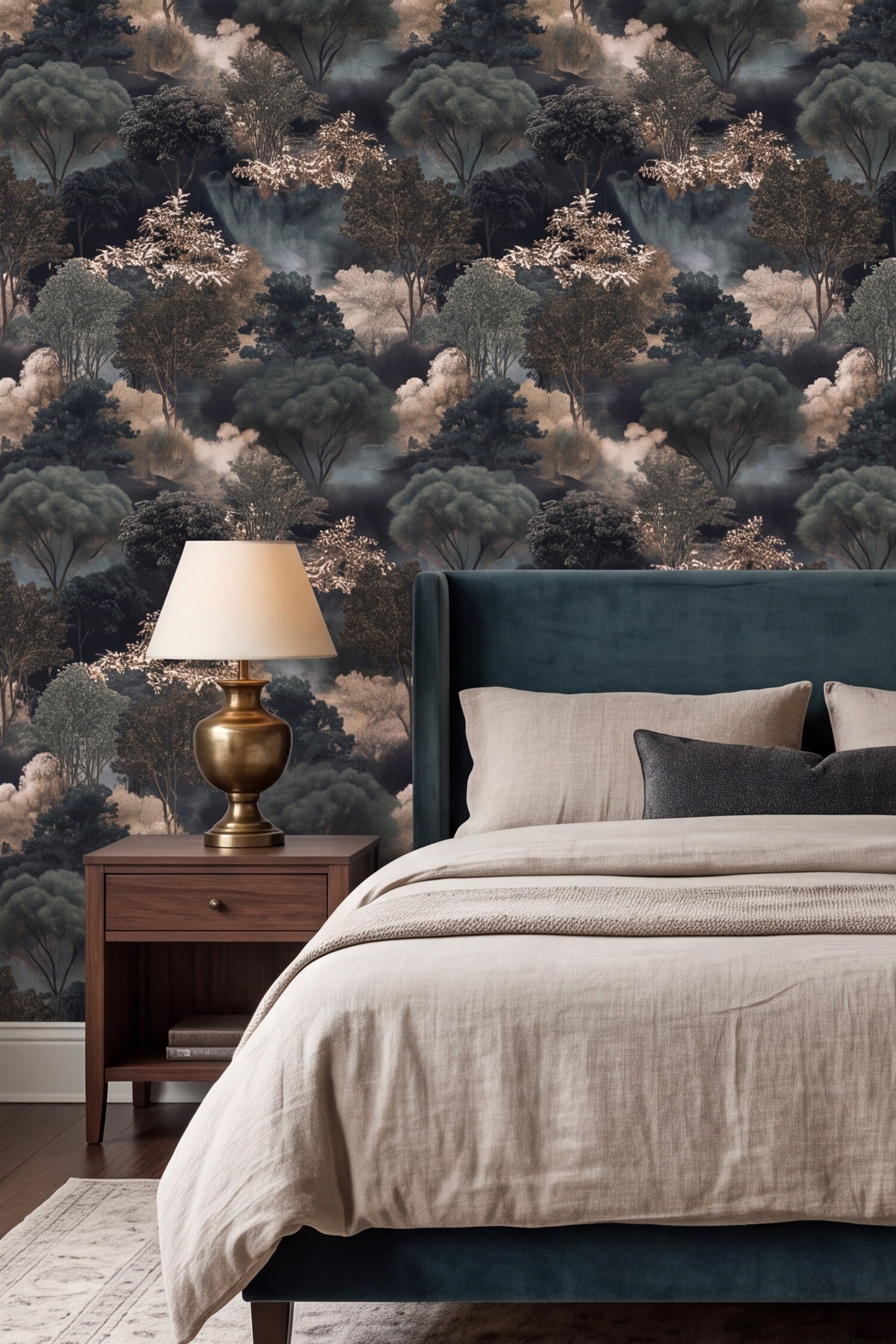 Silvery groves and cream blossoms mural wallpaper behind a bed.