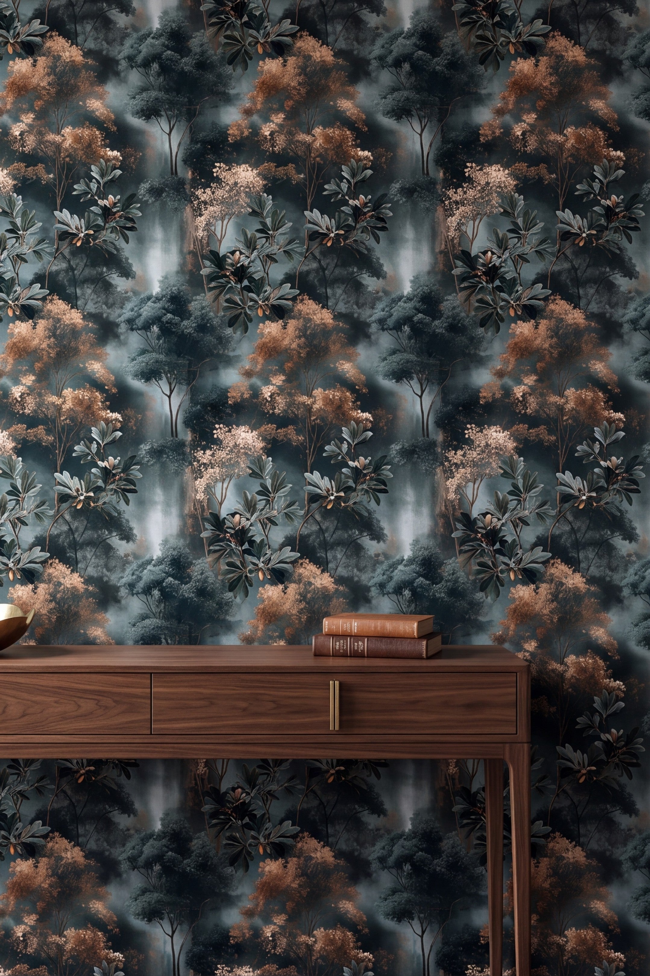 Copper Magnolia wallpaper shown in an accent wall