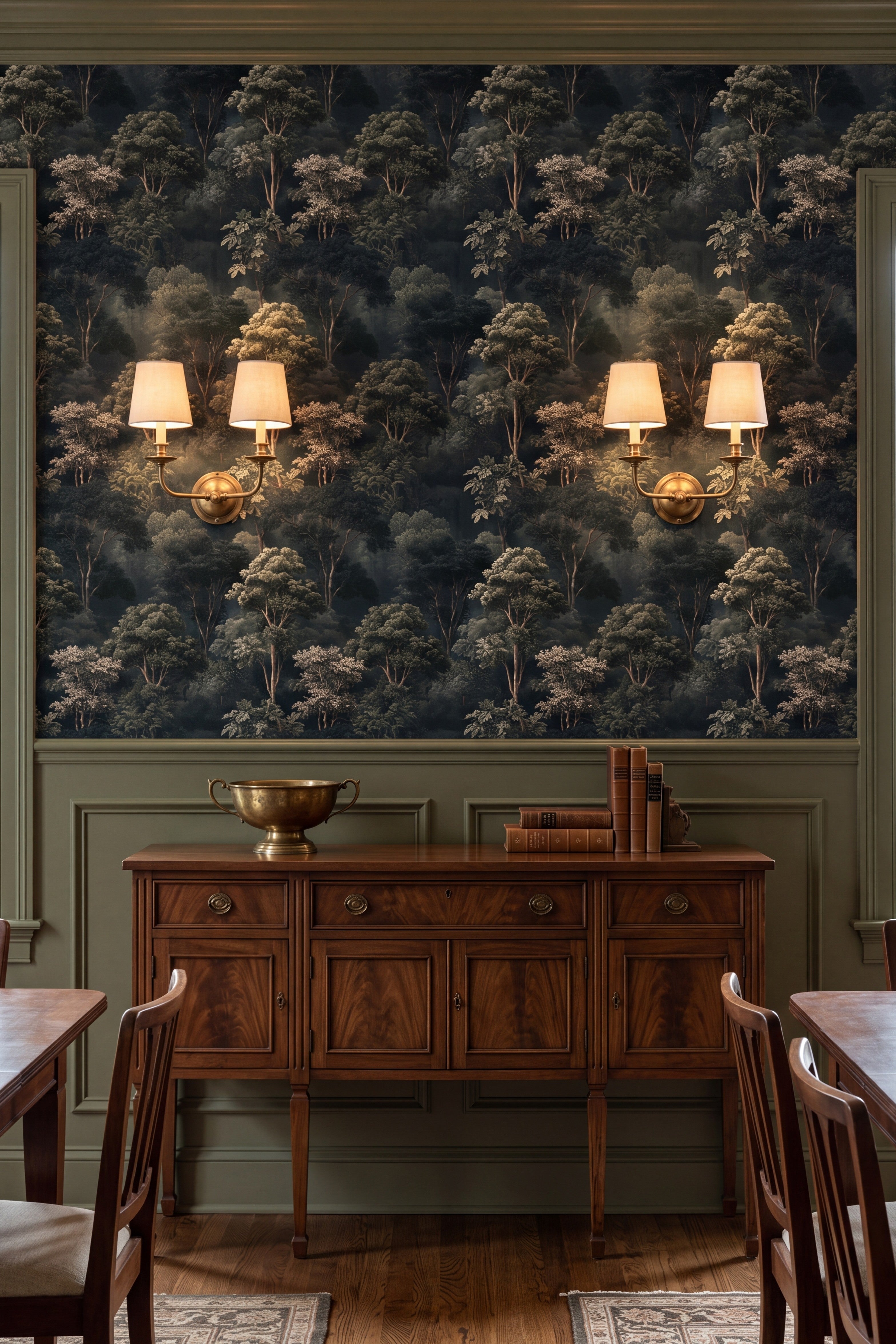 Stately olive and sage park trees mural wallpaper in a dining room.