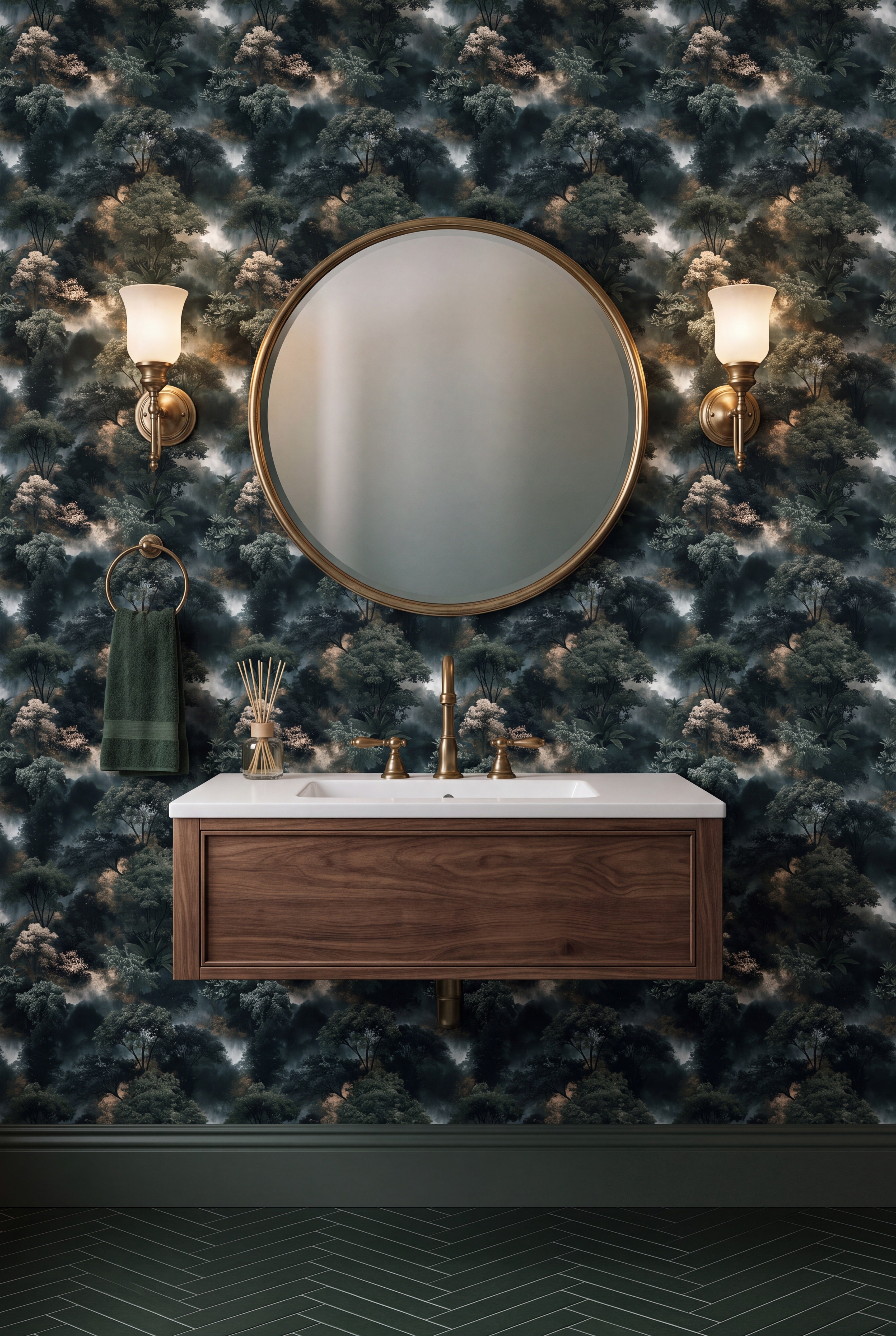 Tropical canopies and palms in rolling cloud mural wallpaper in a bathroom.