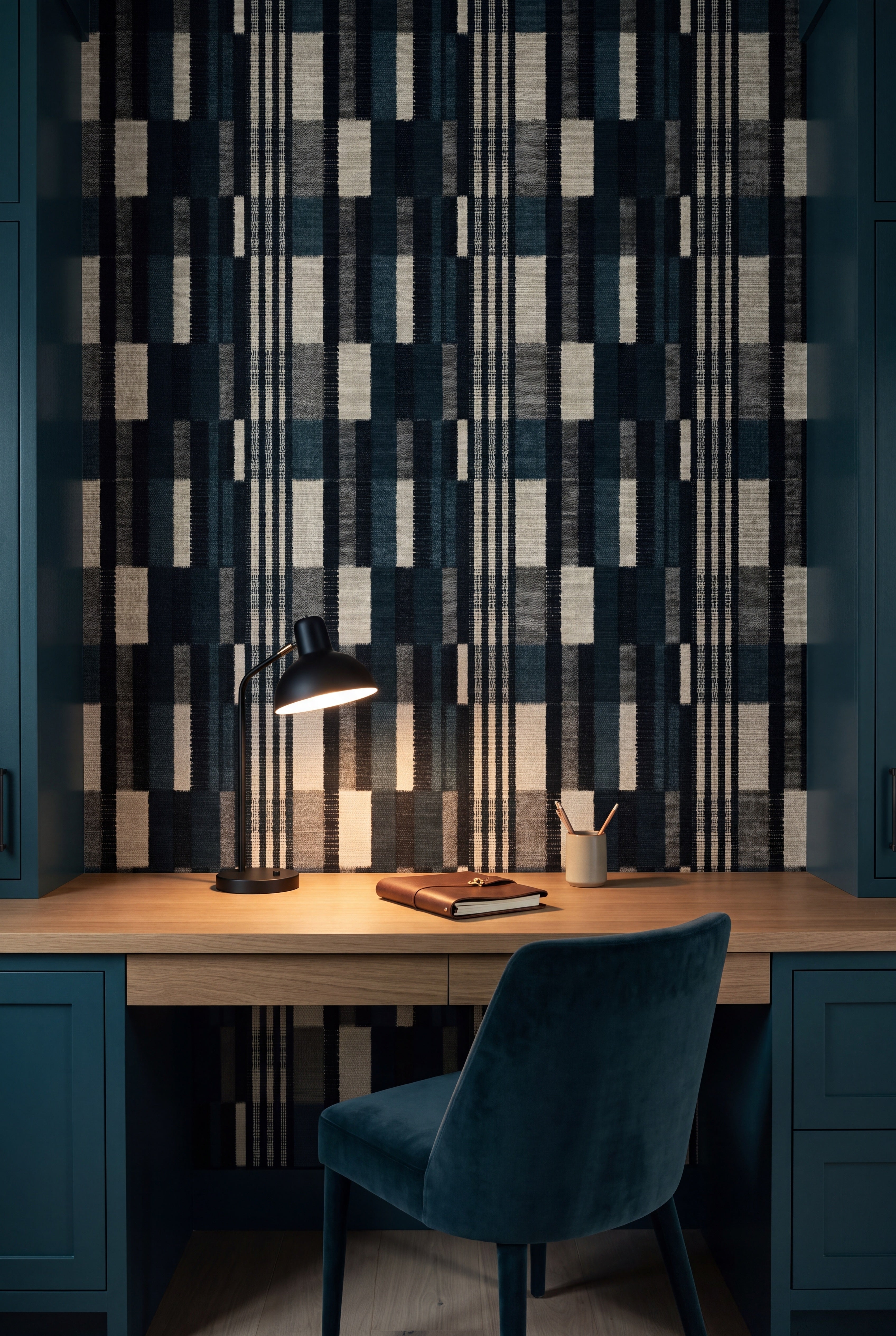 Cinder Stripe wallpaper in charcoal, slate blue and cream on a study wall.