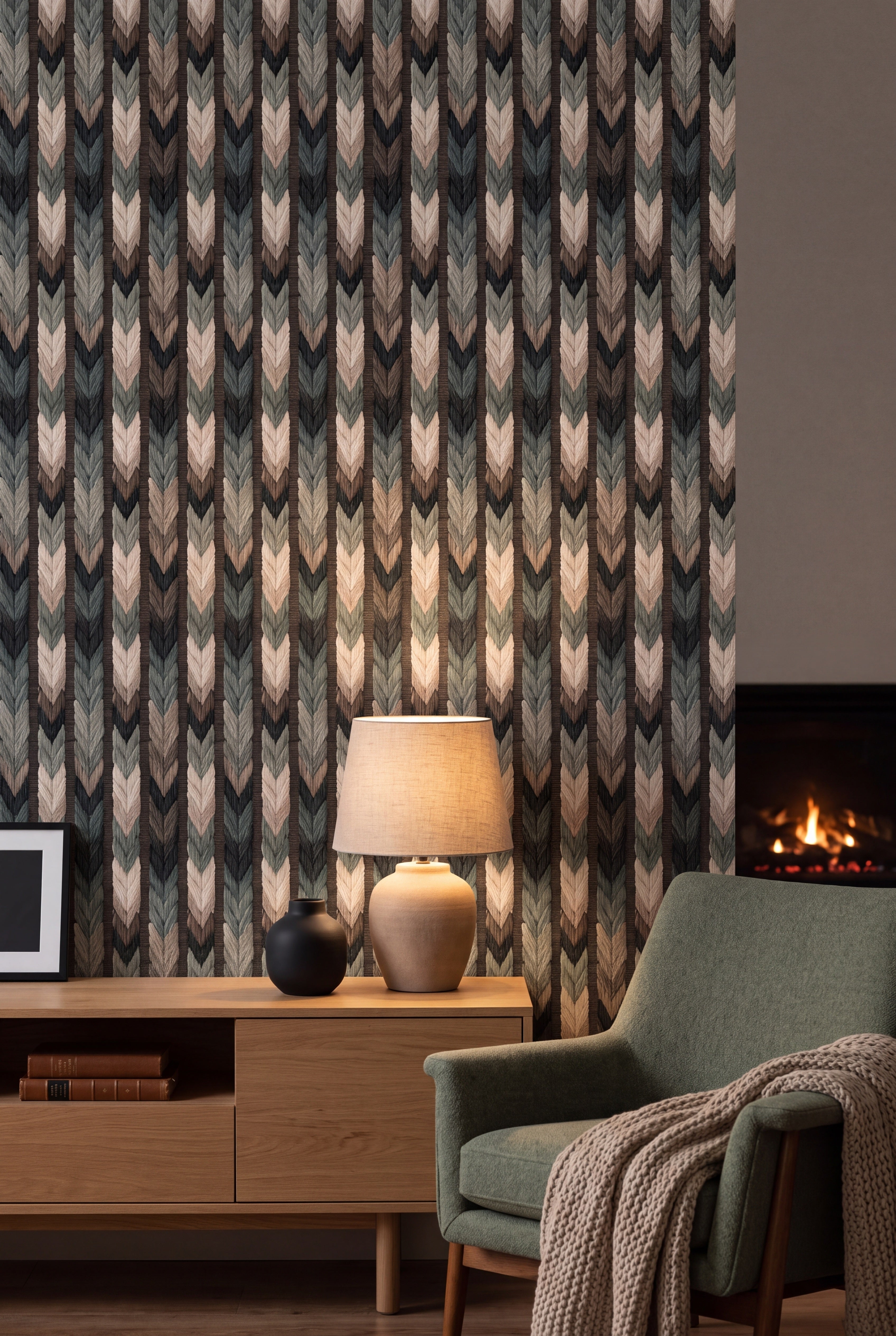 Fern Chevron wallpaper in teal, taupe and cream on a living wall.
