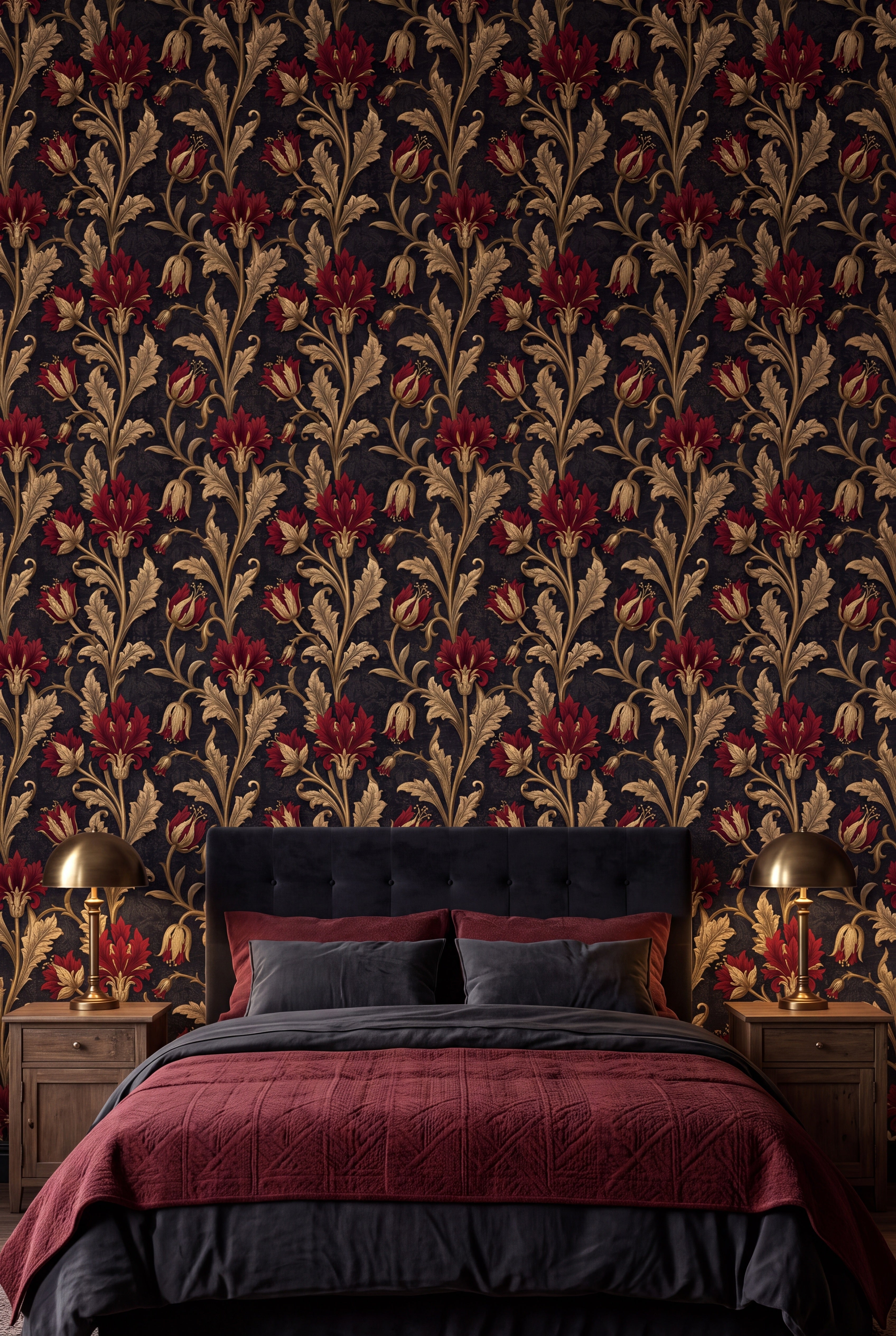 Gilded Thistle wallpaper in gold, crimson and black on a bedroom wall.